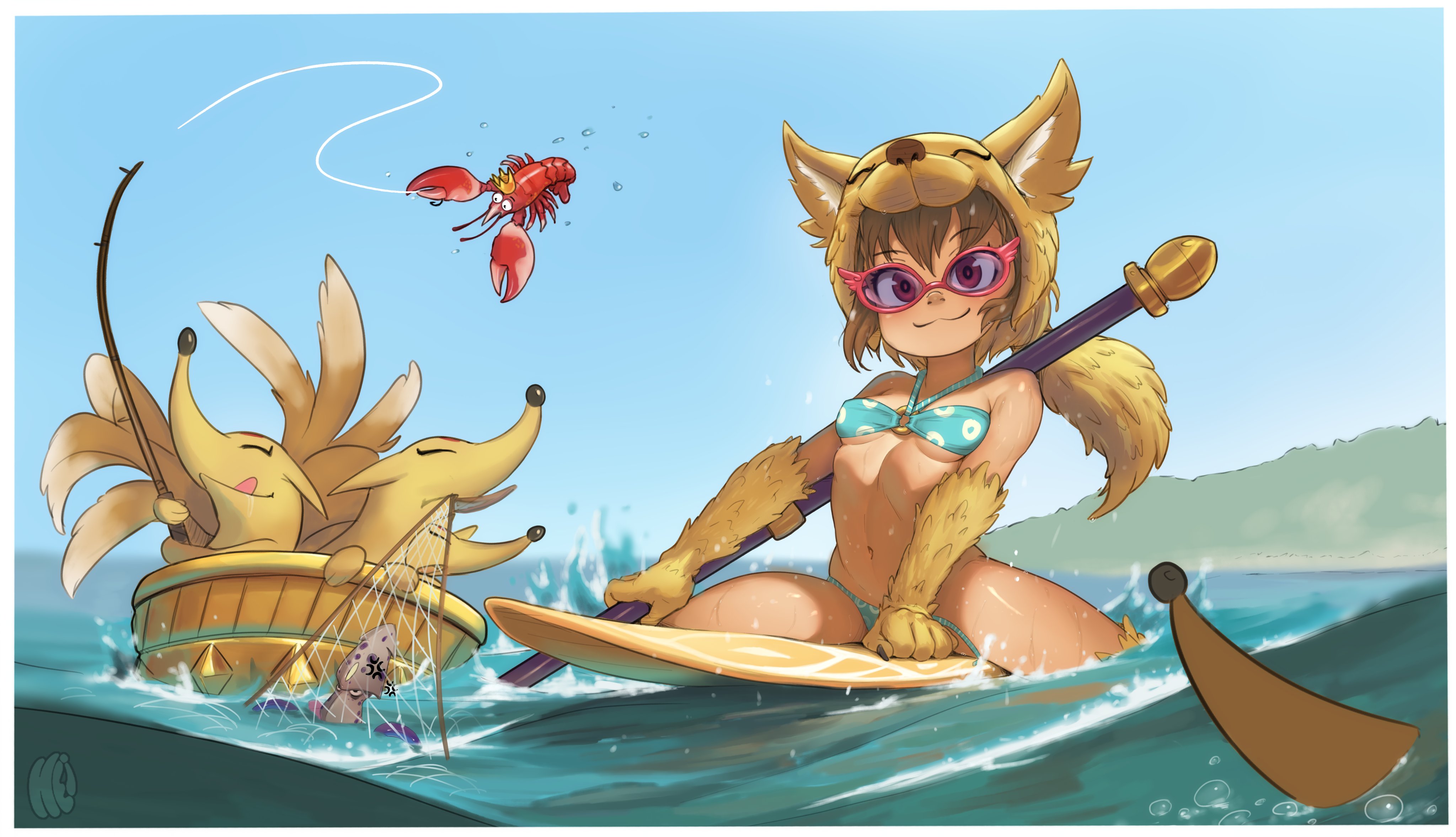heightes, moonlight flower, ragnarok online, absurdres, commentary, english commentary, highres, 1girl, :3, animal hands, bare shoulders, bikini, blue bikini, blue sky, breasts, brown hair, crayfish, day, fishing net, fishing rod, fox, fox hat, glasses, halterneck, looking at viewer, navel, o-ring, o-ring top, open clothes, outdoors, pink-framed eyewear, purple eyes, short hair, side-tie bikini bottom, sky, small breasts, smile, solo, squid, staff, stomach, straddling, surfboard, swimsuit, untied bikini, water, yellow fur