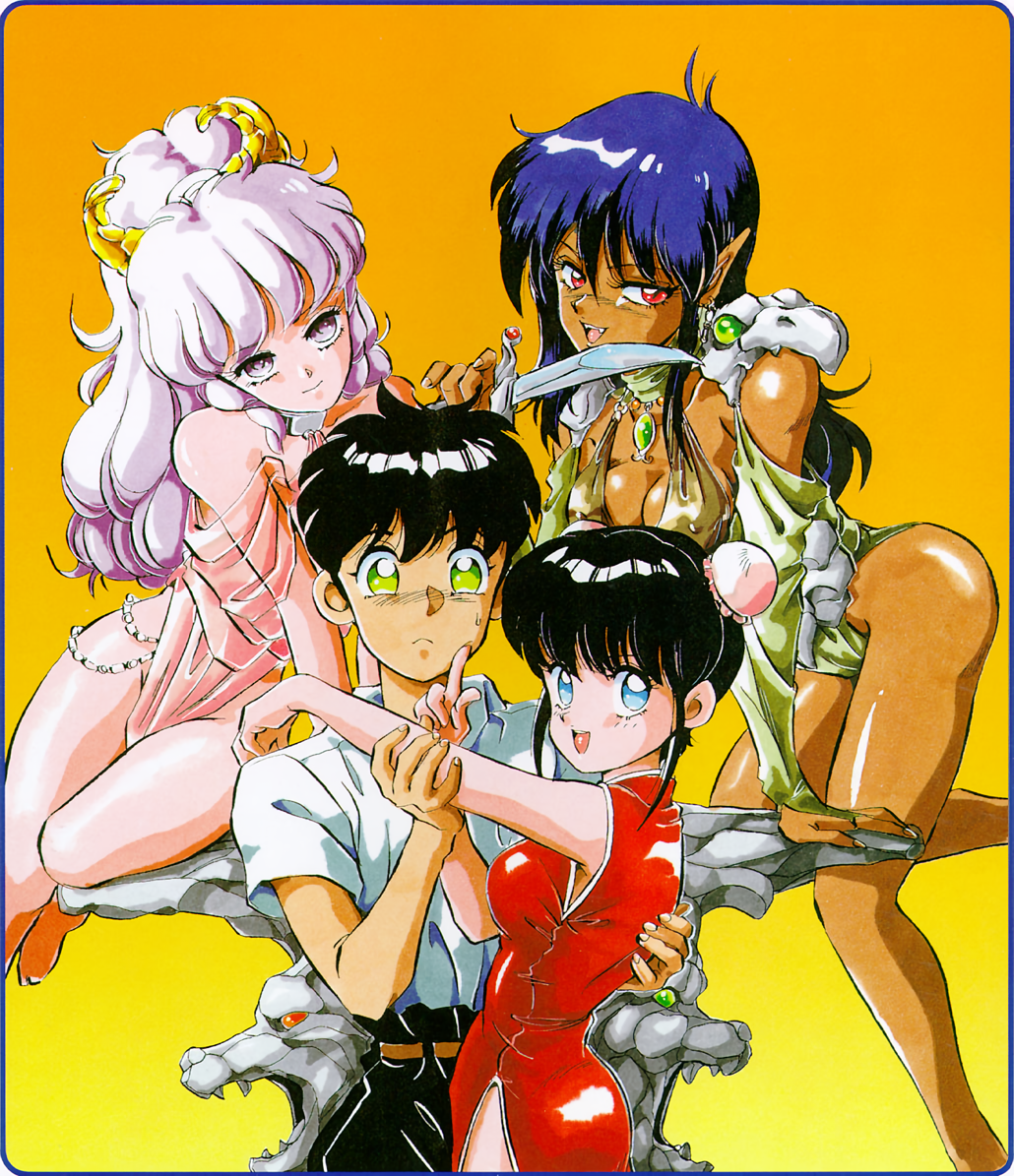 mon mon, candy (art book), character request, non-web source, 1990s (style), 1boy, 3girls, black hair, blue eyes, blue hair, chinese clothes, covered erect nipples, dagger, dark-skinned female, dark skin, gradient background, green eyes, hair bun, knife, long hair, looking at viewer, multiple girls, orange background, pointy ears, red eyes, retro artstyle, shiny skin, short hair, single hair bun, weapon, white hair