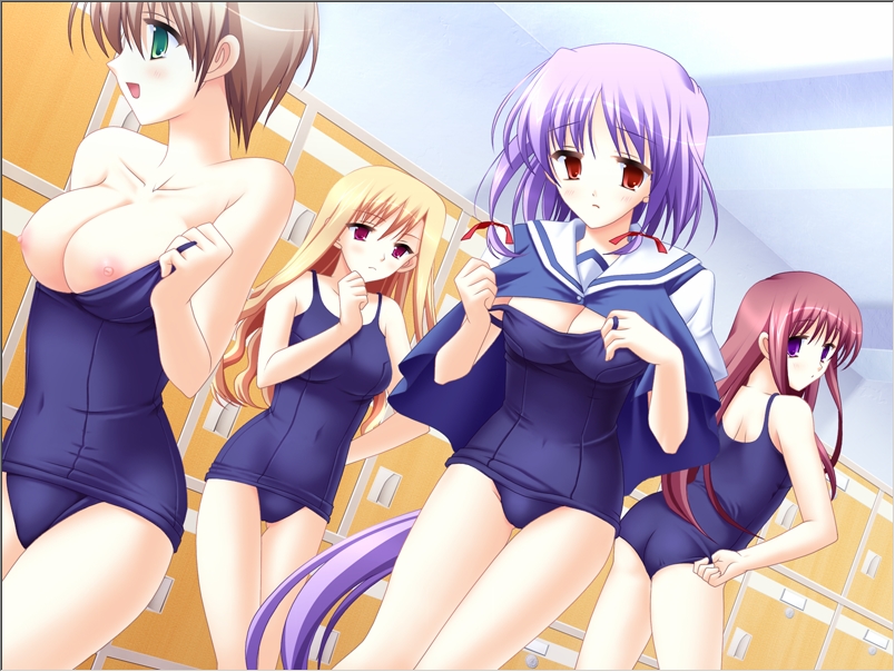 odawara hakone, kasuga misaki, kouda yuu, koiiro chu! lips, game cg, 4girls, adjusting clothes, adjusting swimsuit, ass, bare shoulders, blonde hair, breasts, brown hair, female focus, green eyes, large breasts, locker, locker room, long hair, looking back, medium breasts, multiple girls, nipples, no pants, one-piece swimsuit, open mouth, purple eyes, purple hair, red eyes, red hair, school swimsuit, short hair, small breasts, smile, swimsuit, swimsuit under clothes, take your pick, undressing