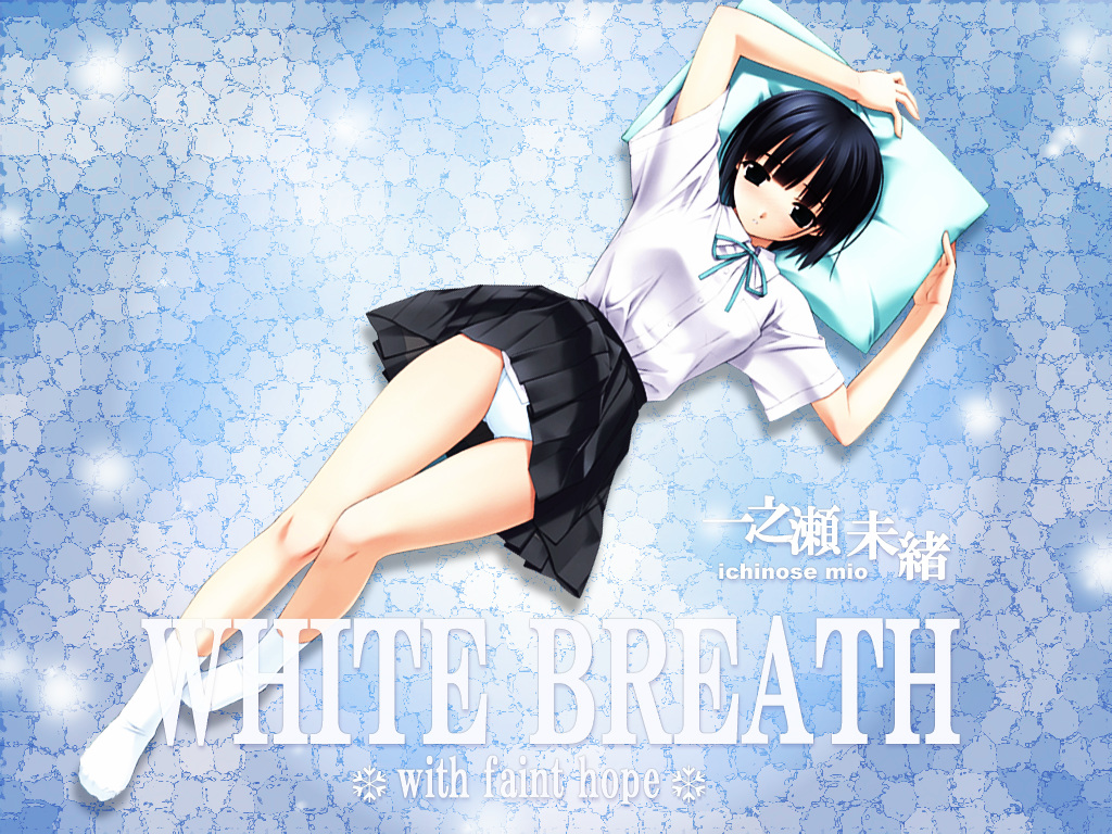 hashimoto takashi, ichinose mio, white breath, 1girl, blouse, blue background, character name, copyright name, female focus, lying, miniskirt, on back, panties, pantyshot, pillow, pleated skirt, ribbon, school uniform, serafuku, shirt, skirt, socks, solo, thigh gap, thighs, underwear, white panties, white socks