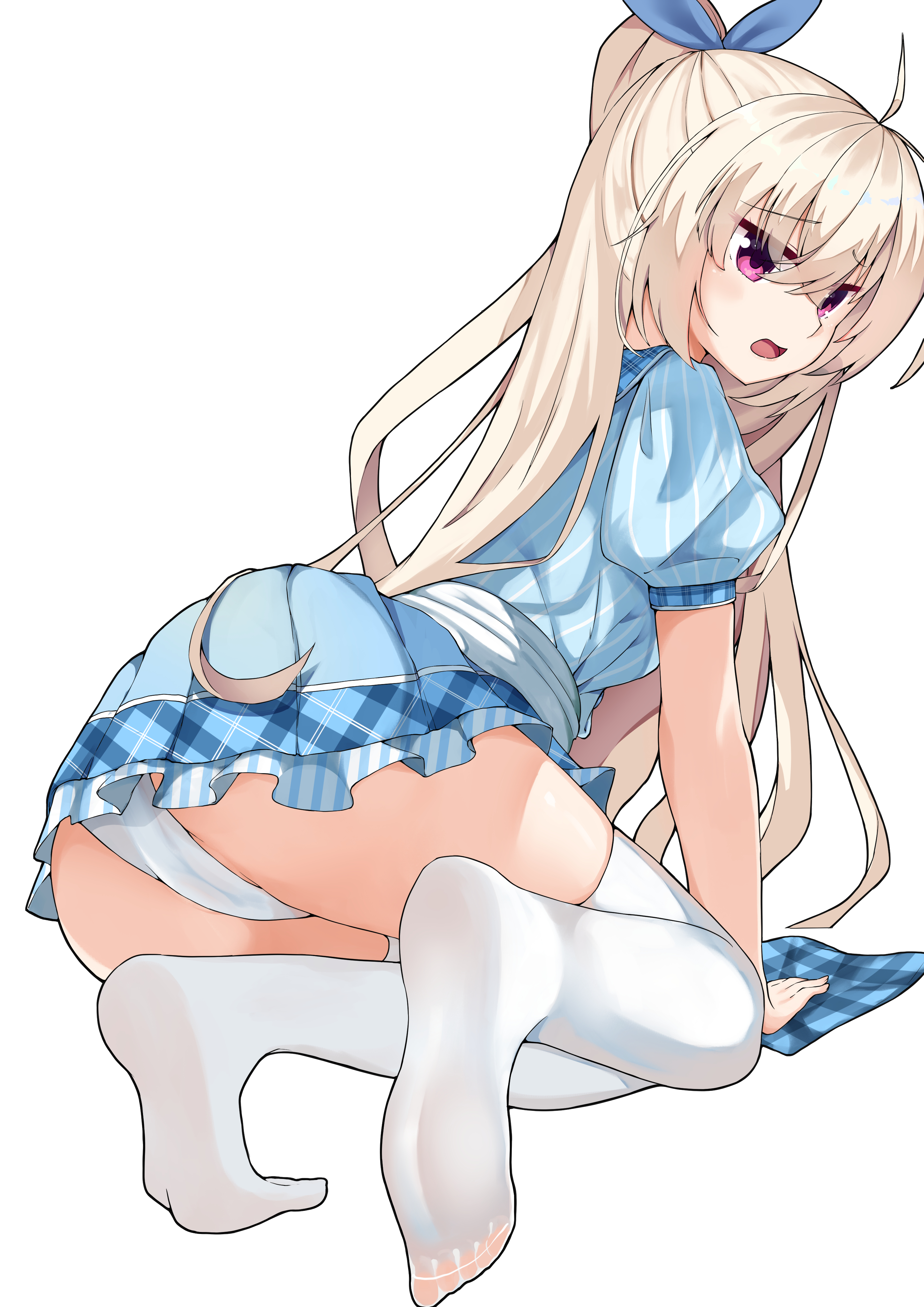 lingnerpoi, akizuki kanna, cafe stella to shinigami no chou, absurdres, chinese commentary, commentary, highres, 1girl, ahoge, all fours, ass, blonde hair, blue bow, blue shirt, blue skirt, bow, cameltoe, cleaning rag, crossed bangs, dutch angle, eyes visible through hair, feet, frilled skirt, frills, from behind, full body, furrowed brow, hair between eyes, hair bow, half updo, light blush, long hair, looking at viewer, looking back, miniskirt, no shoes, official alternate costume, official alternate hairstyle, open mouth, panties, pantyshot, plaid clothes, plaid collar, pleated skirt, ponytail, puffy short sleeves, puffy sleeves, purple eyes, shirt, short sleeves, sidelocks, simple background, skirt, soles, solo, striped clothes, striped shirt, thighhighs, thighs, tiptoes, toes, underwear, vertical-striped clothes, vertical-striped shirt, very long hair, waitress, white background, white panties, white thighhighs, wiping