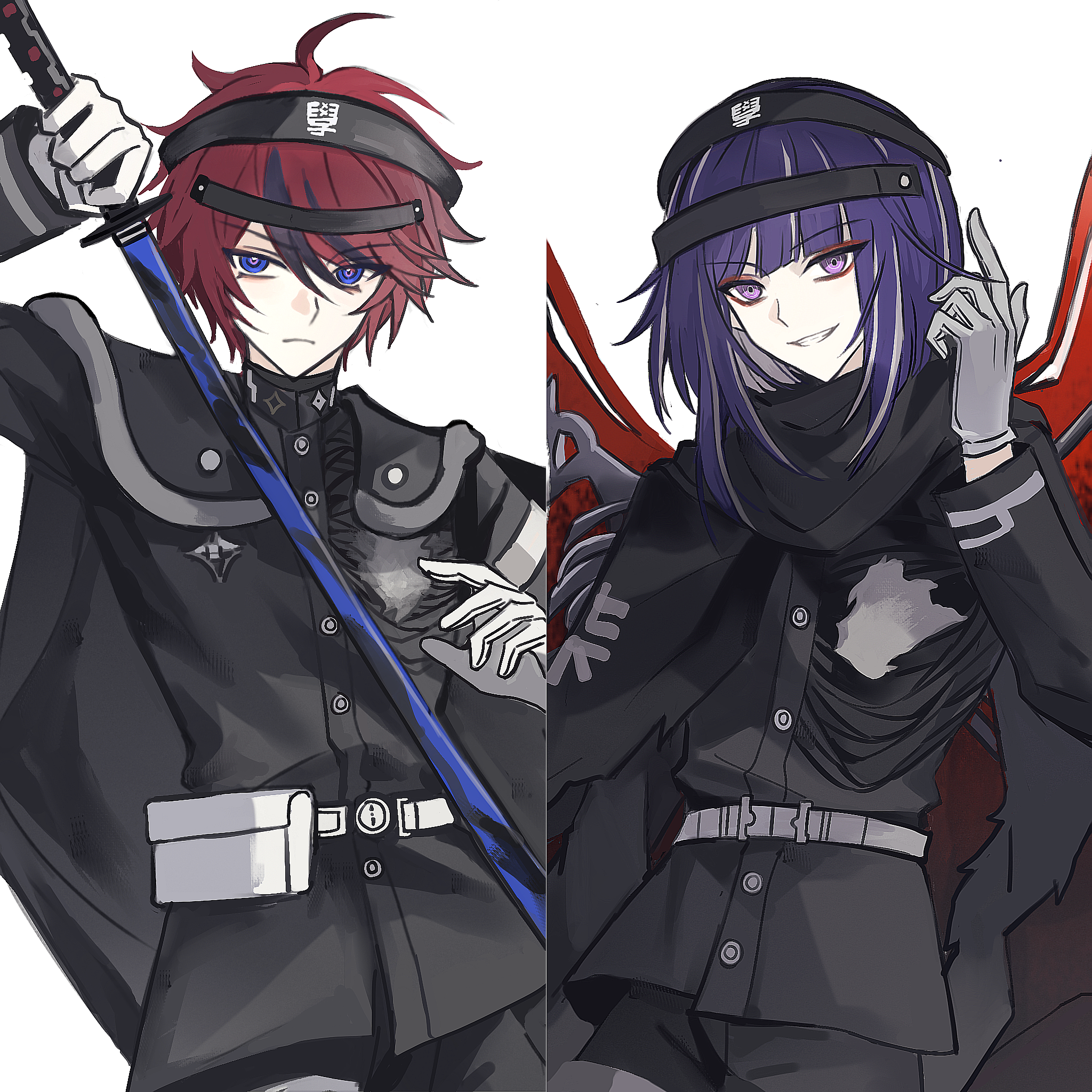 sumino takumi, tsukumo ima, the hundred line -last defense academy-, artist request, chinese commentary, commentary request, commission, highres, second-party source, 2boys, ahoge, belt, belt pouch, black cape, black hair, black jacket, black pants, blue eyes, buttons, cape, closed mouth, colored inner hair, frown, gloves, grin, hand up, holding, holding sword, holding weapon, hole in chest, hole on body, index finger raised, jacket, last defense academy school uniform, long hair, long sleeves, male focus, multicolored hair, multiple boys, pants, pouch, purple eyes, purple hair, red hair, school uniform, short hair, simple background, smile, streaked hair, sword, tsurime, two-tone hair, weapon, white background, white belt, white gloves, white hair