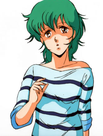 hirano toshihiro, takanaka yui, megazone 23, 1980s (style), lowres, 1girl, brown eyes, female focus, green hair, oldschool, retro artstyle, shirt, short hair, simple background, solo, striped clothes, striped shirt