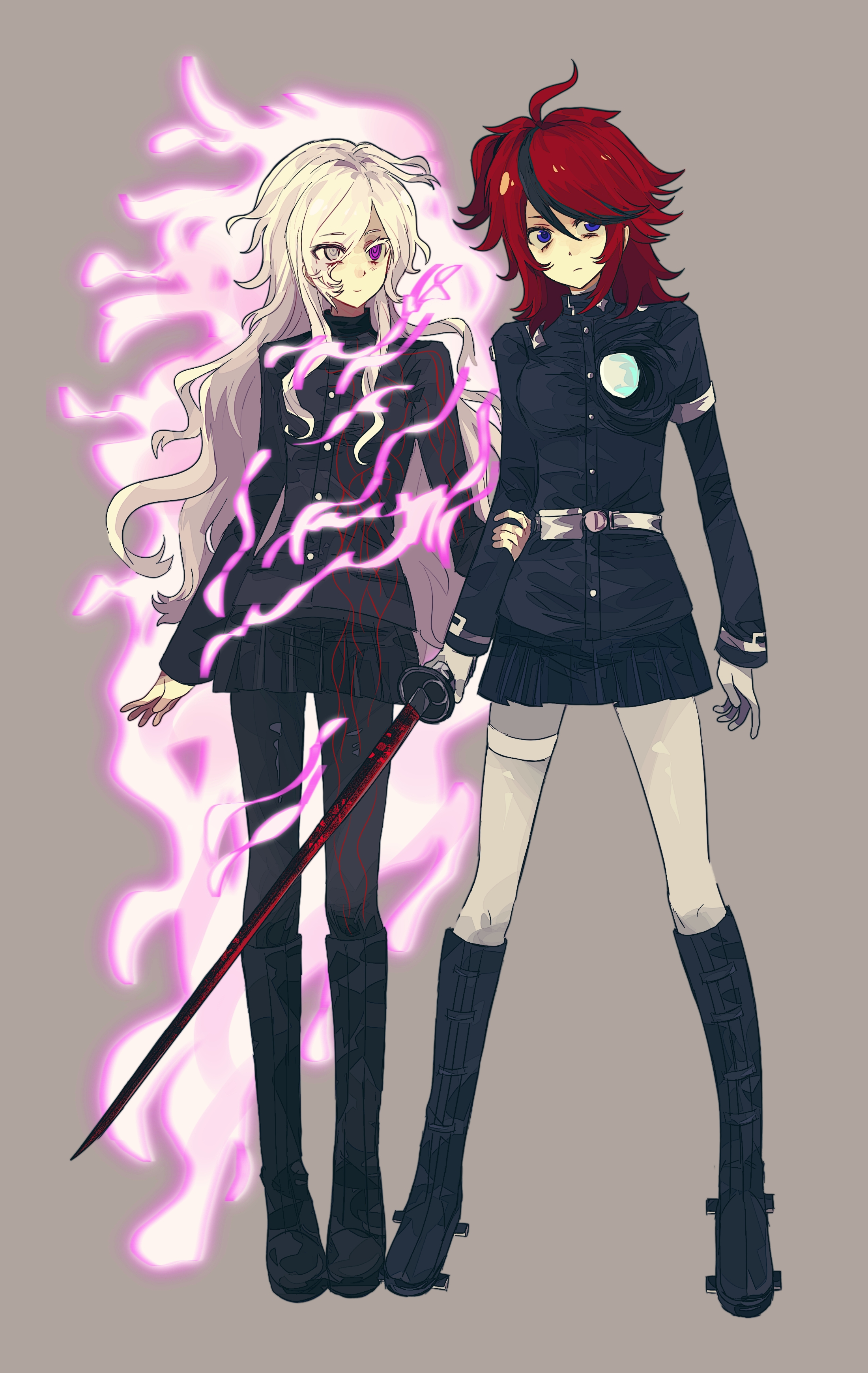 sumino takumi, the hundred line -last defense academy-, absurdres, chinese commentary, commentary, commentary request, english commentary, highres, mixed-language commentary, 2girls, ahoge, armband, belt, belt pouch, black boots, black hair, black jacket, black pantyhose, black skirt, blue eyes, boots, breasts, burning, buttons, closed mouth, colored eyelashes, fire, full body, genderswap, genderswap (mtf), gloves, grey background, hair between eyes, hair over one eye, hand on another's arm, holding, holding sword, holding weapon, jacket, knee boots, last defense academy school uniform, long hair, long sleeves, medium breasts, medium hair, miniskirt, multicolored hair, multiple girls, one side up, pantyhose, pink eyes, pink fire, pleated skirt, pouch, red hair, school uniform, sidelocks, skirt, sword, thigh strap, two-tone hair, weapon, white armband, white belt, white gloves, white hair, white pantyhose, xiaozzerxv1234567
