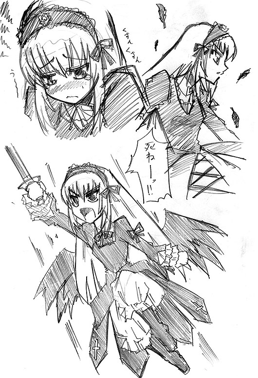 suigintou, rozen maiden, graphite (medium), traditional media, 00s, 1girl, black wings, blush, feathers, flower, greyscale, jumping, long hair, looking down, monochrome, motion lines, profile, reference sheet, rose, sad, sword, tears, very long hair, weapon, wings