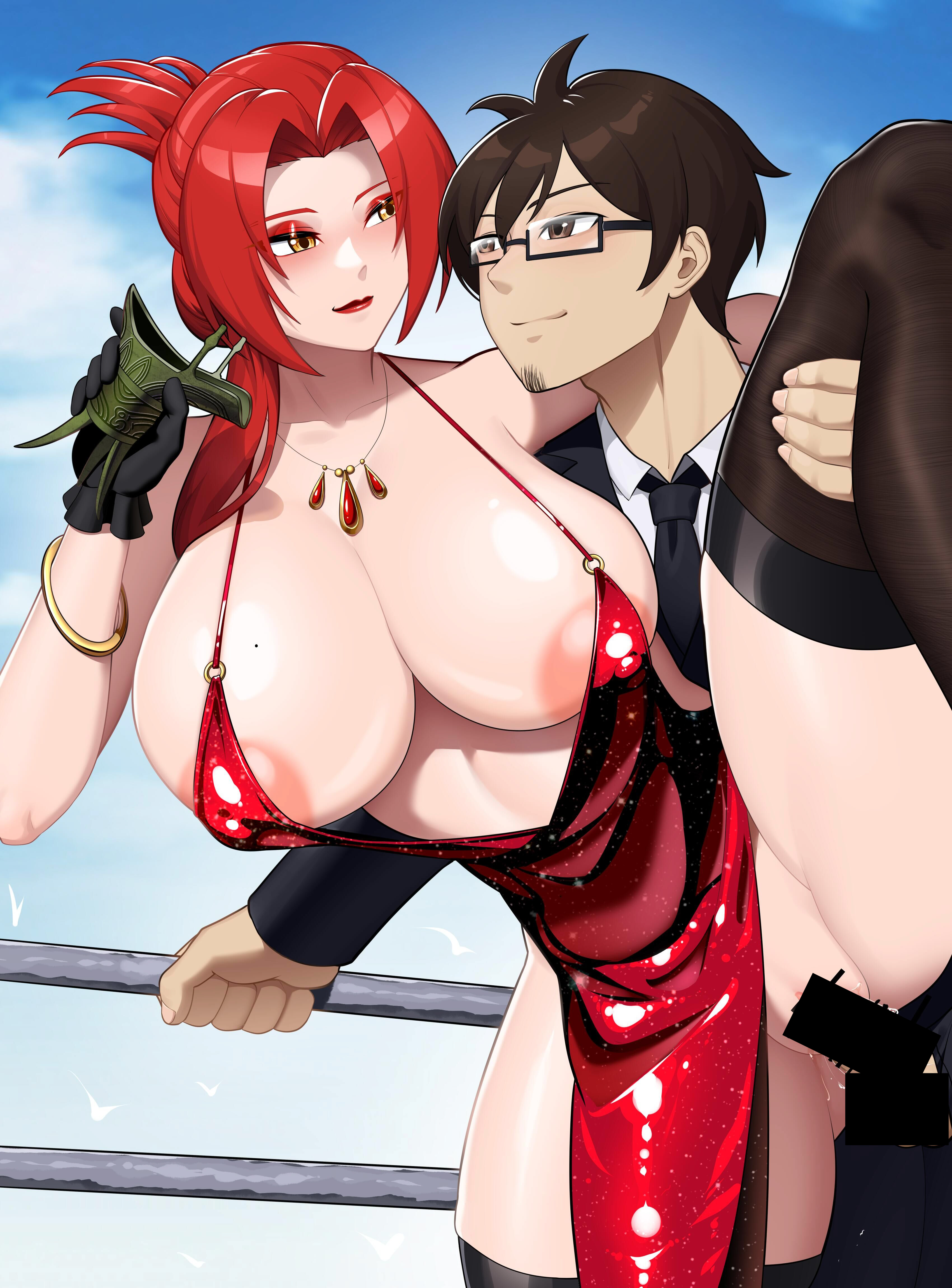 xiasiren, original, highres, 1boy, 1girl, areola slip, bar censor, black gloves, black necktie, bracelet, breasts, brown hair, censored, cleavage, clothed sex, dress, evening gown, formal clothes, glasses, gloves, hetero, huge breasts, jewelry, large breasts, leg lift, lipstick, looking at another, makeup, mole, mole on breast, necklace, necktie, no panties, outdoors, penis, red dress, red hair, red lips, revealing clothes, sex, sky, standing, standing on one leg, standing sex, suit, thighhighs, vaginal, yellow eyes