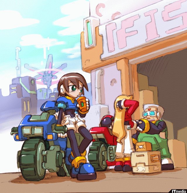 yabe makoto, aile (mega man zx), girouette (mega man), capcom, mega man (series), mega man zx, official art, 1girl, 2boys, motor vehicle, motorcycle, multiple boys