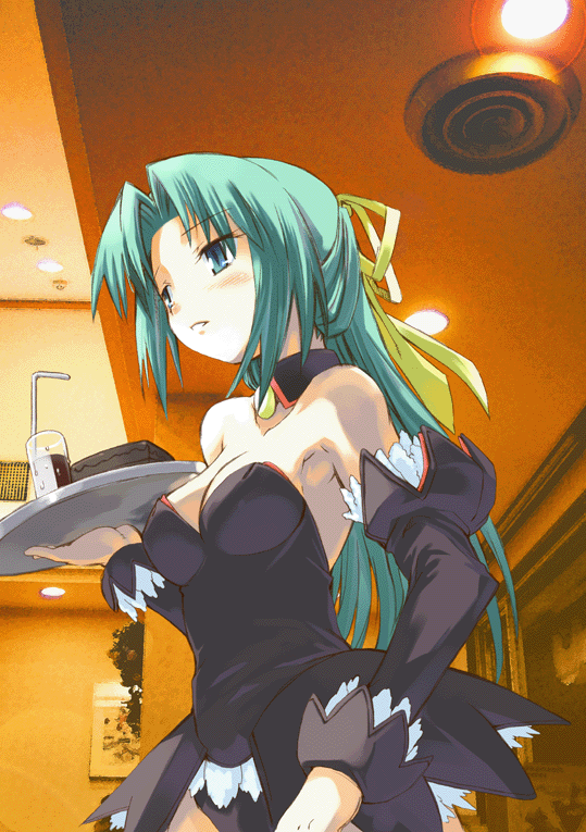 sonozaki shion, higurashi no naku koro ni, 00s, 1girl, angel mort, breasts, cup, detached collar, detached sleeves, drinking glass, drinking straw, female focus, green hair, half updo, indoors, long hair, medium breasts, solo, waitress