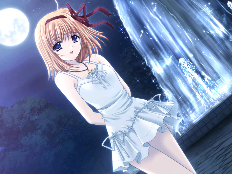 nishimata aoi, suzuhira hiro, fuyou kaede, shuffle!, game cg, official art, 00s, 1girl, :d, ahoge, arms behind back, backlighting, bare shoulders, blue eyes, bow, brick floor, cowboy shot, cross, cross necklace, dress, dutch angle, female focus, fountain, full moon, hair bow, hair ribbon, hairband, happy, jewelry, lace, legs together, looking at viewer, moon, moonlight, necklace, night, night sky, open mouth, orange hair, outdoors, park, red ribbon, ribbon, short dress, sky, sleeveless, sleeveless dress, smile, solo, sparkle, sundress, tree, water, white dress, white ribbon