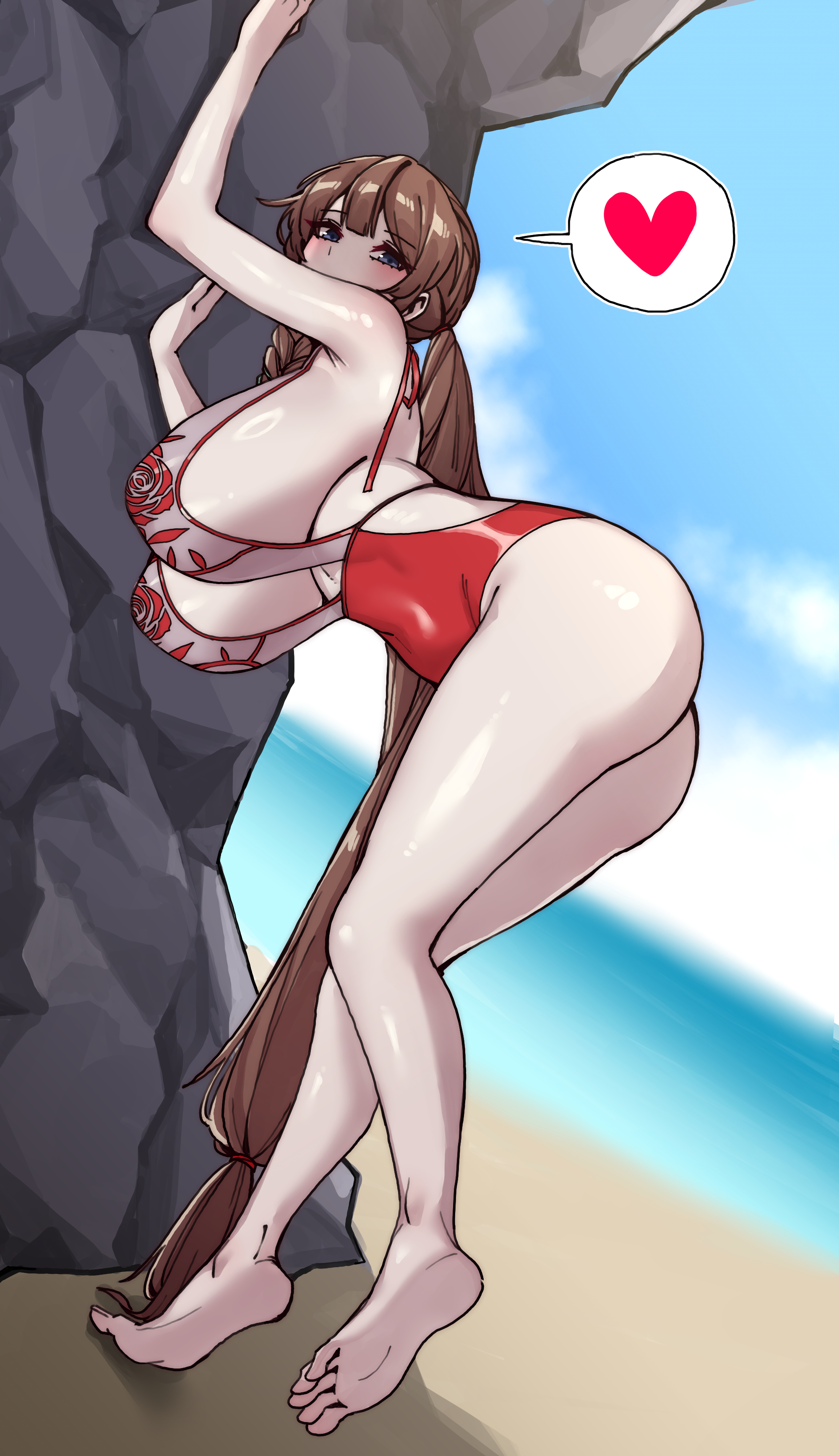 7a (se7ena), daphne (last origin), last origin, absurdres, commentary, commission, english commentary, highres, mixed-language commentary, 1girl, arm up, armpit crease, ass, bare legs, barefoot, beach, bent over, blue eyes, blue sky, blurry, blurry background, blush, braid, breasts, brown hair, day, double-parted bangs, full body, heart, huge breasts, leaning on object, legs, long hair, looking at viewer, looking back, ocean, official alternate costume, one-piece swimsuit, outdoors, red one-piece swimsuit, sideboob, sky, solo, speech bubble, spoken heart, swimsuit, toes, very long hair