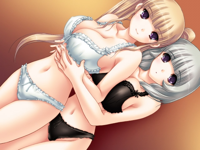 kinmedai pink, kai haruka, kai makoto, fetish 2: omote no kioku, silver hair, game cg, 2girls, black bra, black panties, blonde hair, blush, bow, bow bra, bow panties, bra, dutch angle, female focus, frilled bra, frilled panties, frills, hug, lingerie, multiple girls, panties, purple eyes, standing, twintails, underwear, underwear only, white bra, white panties, yuri