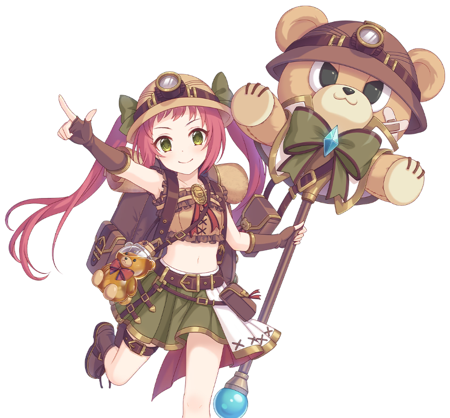ayane (explorer) (princess connect!), ayane (princess connect!), princess connect!, official art, 1girl, :3, arm up, armpits, backpack, bag, belt, boots, bottle, bow, breasts, brown boots, brown gloves, closed mouth, dress, fingerless gloves, floating hair, frilled dress, frills, gloves, green bow, green eyes, green skirt, headlamp, holding, holding weapon, long hair, looking at viewer, midriff, miniskirt, navel, pink hair, pointing, pukichi (princess connect!), red bow, shoulder bag, skirt, sleeveless, small breasts, smile, standing, standing on one leg, tachi-e, thigh belt, thigh strap, thighs, transparent background, twintails, water bottle, weapon