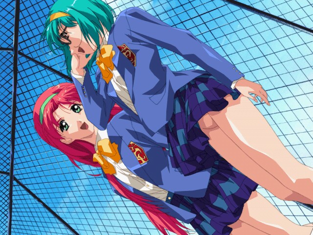 yamamoto hiroshi, lipstick adventure ex, game cg, 2girls, fence, multiple girls, no panties, no pussy, school uniform, serafuku