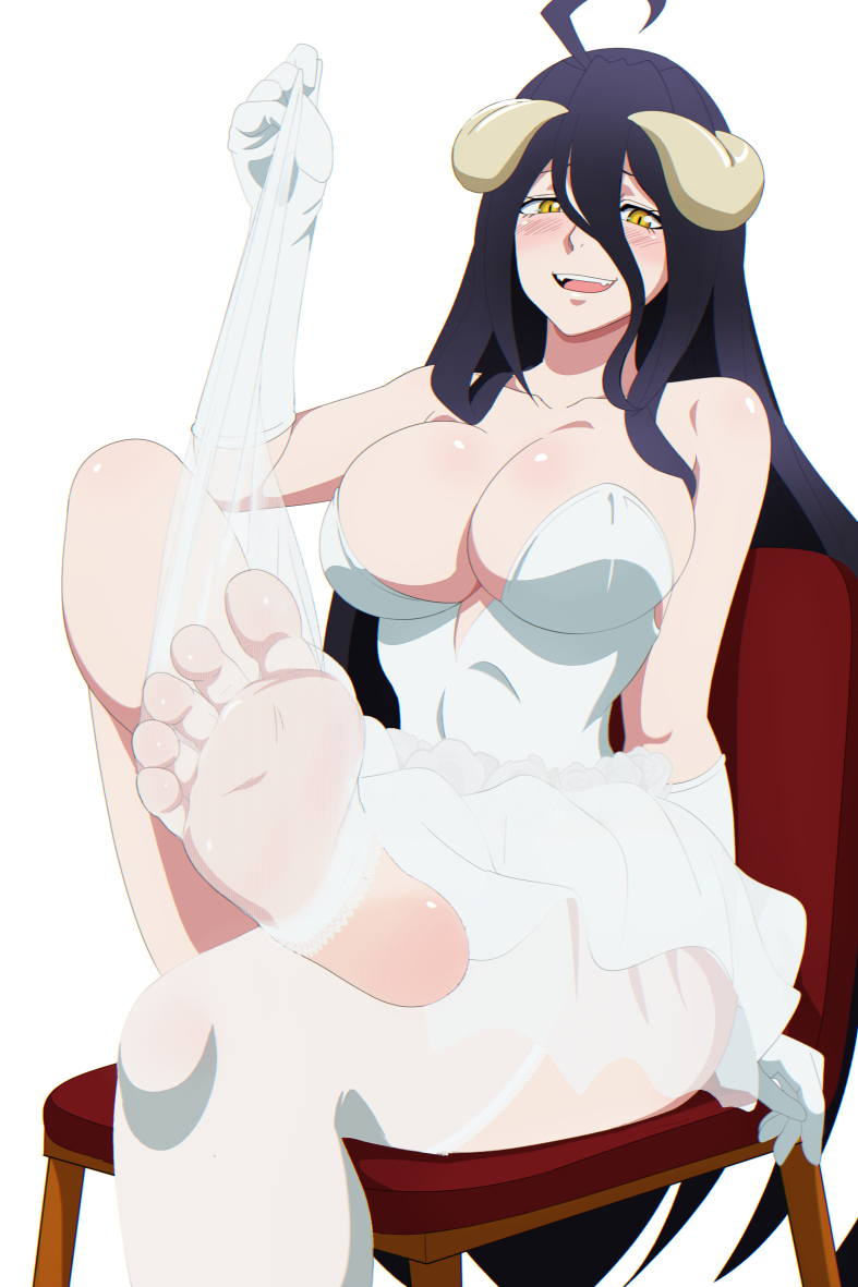zorzero, albedo (overlord), overlord (maruyama), 1girl, black hair, blush, breasts, feet, horns, open mouth, solo, toes, yellow eyes