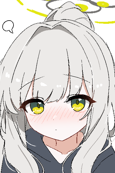 lmg7811, hare (blue archive), blue archive, 1girl, blush, closed mouth, collarbone, green eyes, green halo, grey hair, halo, hood, hoodie, long hair, looking at viewer, nose blush, ponytail, portrait, simple background, solo, white background