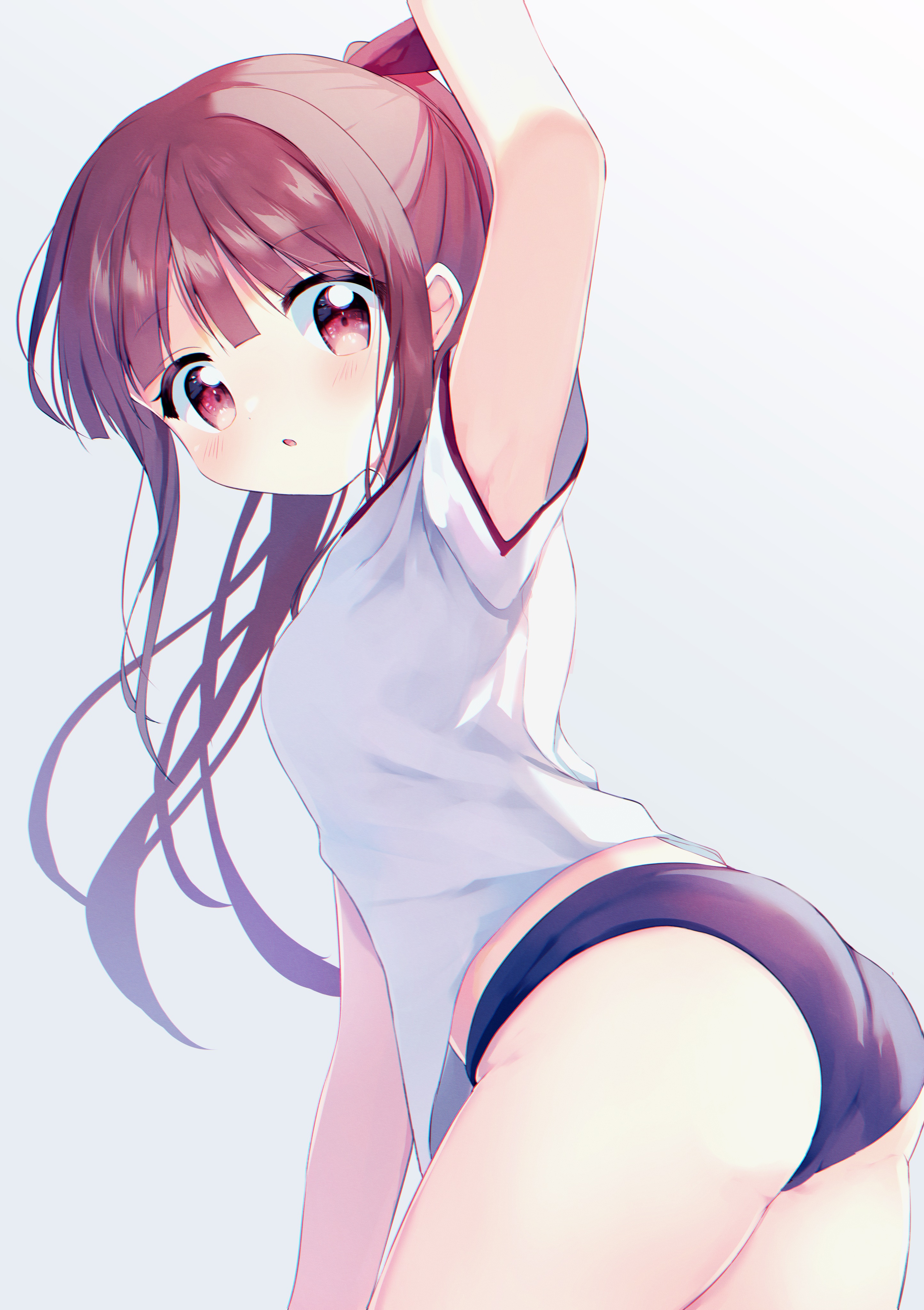yamucooo, original, absurdres, commentary request, highres, 1girl, :o, arm at side, arm up, armpits, ass, blunt ends, blush, brown hair, buruma, choppy bangs, cowboy shot, grey background, gym shirt, gym uniform, long hair, looking at viewer, parted lips, purple buruma, red eyes, shirt, short sleeves, sidelocks, simple background, solo, standing, white shirt