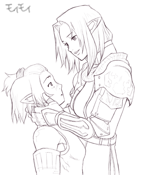 elvaan, final fantasy, final fantasy xi, 00s, 2girls, elf, greyscale, monochrome, multiple girls, pointy ears, yuri
