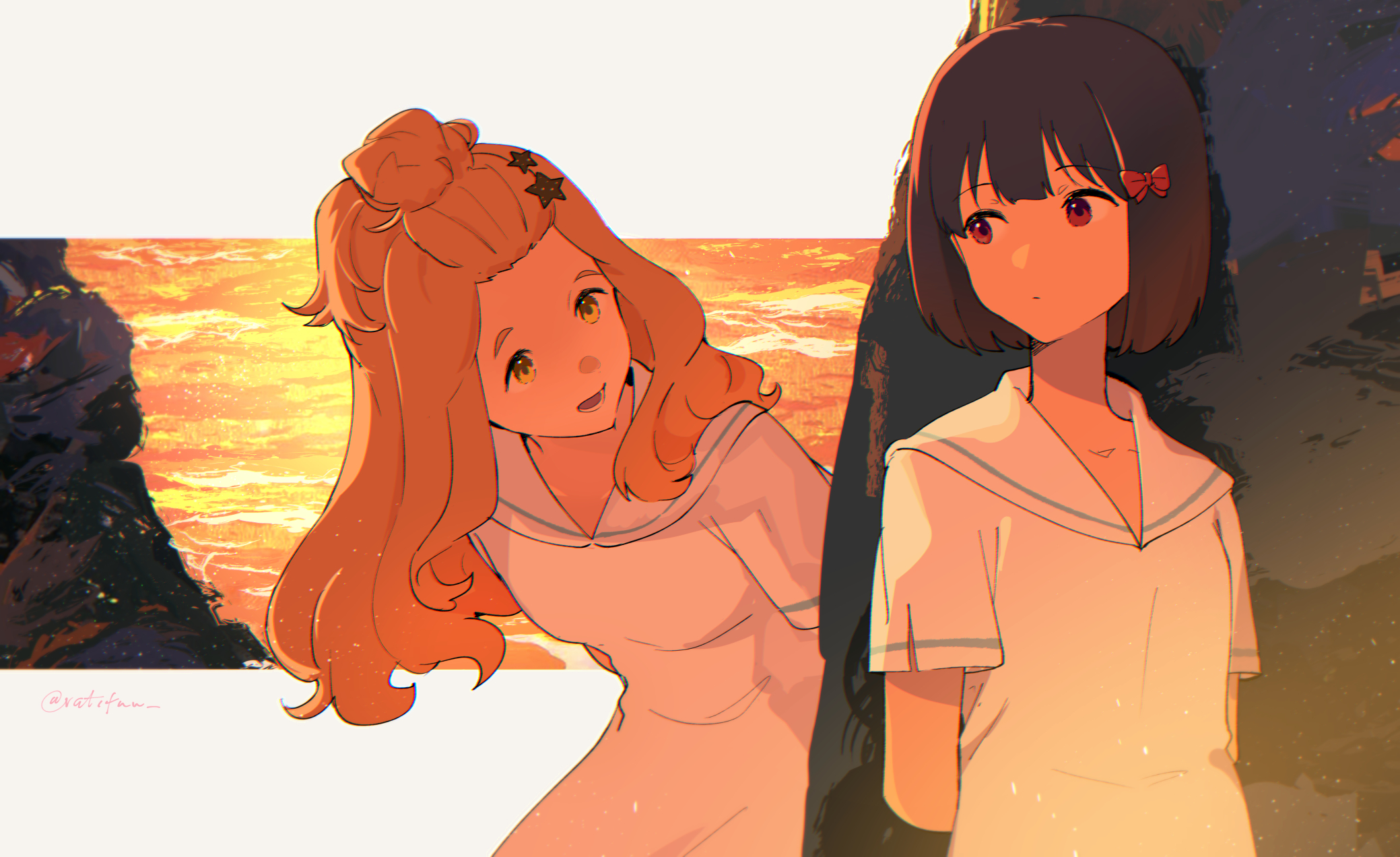 ratifuu, hisaishi kanade, kenzaki ririka, hibike! euphonium, highres, 2girls, black hair, bow, breasts, brown hair, closed mouth, collarbone, hair bow, hair ornament, long hair, multiple girls, open mouth, outdoors, red bow, red eyes, rock, shirt, short hair, short sleeves, small breasts, smile, star (symbol), star hair ornament, teeth, upper body, white shirt, yellow eyes