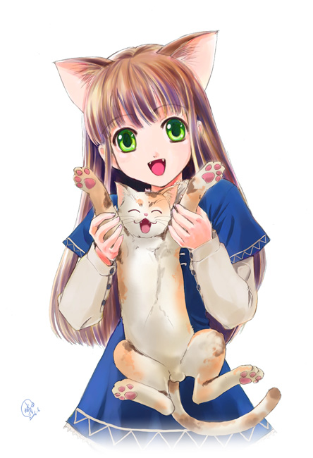 shirotsumekusa, 1girl, animal, animal ears, brown hair, cat, cat ears, fang, female focus, green eyes, holding, holding animal, holding cat, long hair, solo
