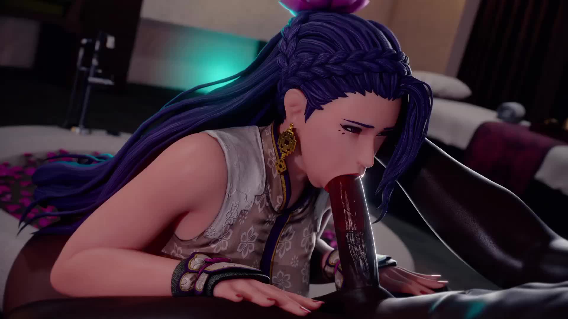 bouquetman, luong, the king of fighters, the king of fighters xiv, the king of fighters xv, animated, tagme, video, 1boy, 1girl, bed, bedroom, blue hair, braid, breasts, clothed female nude male, curvy, deepthroat, earrings, erection, fellatio, flower, hair flower, hair ornament, huge penis, indoors, jewelry, large breasts, lipstick, lipstick smear, long hair, lotus, makeup, nude, oral, pale skin, penis, thick thighs, thighs, uncensored, wet, wide hips