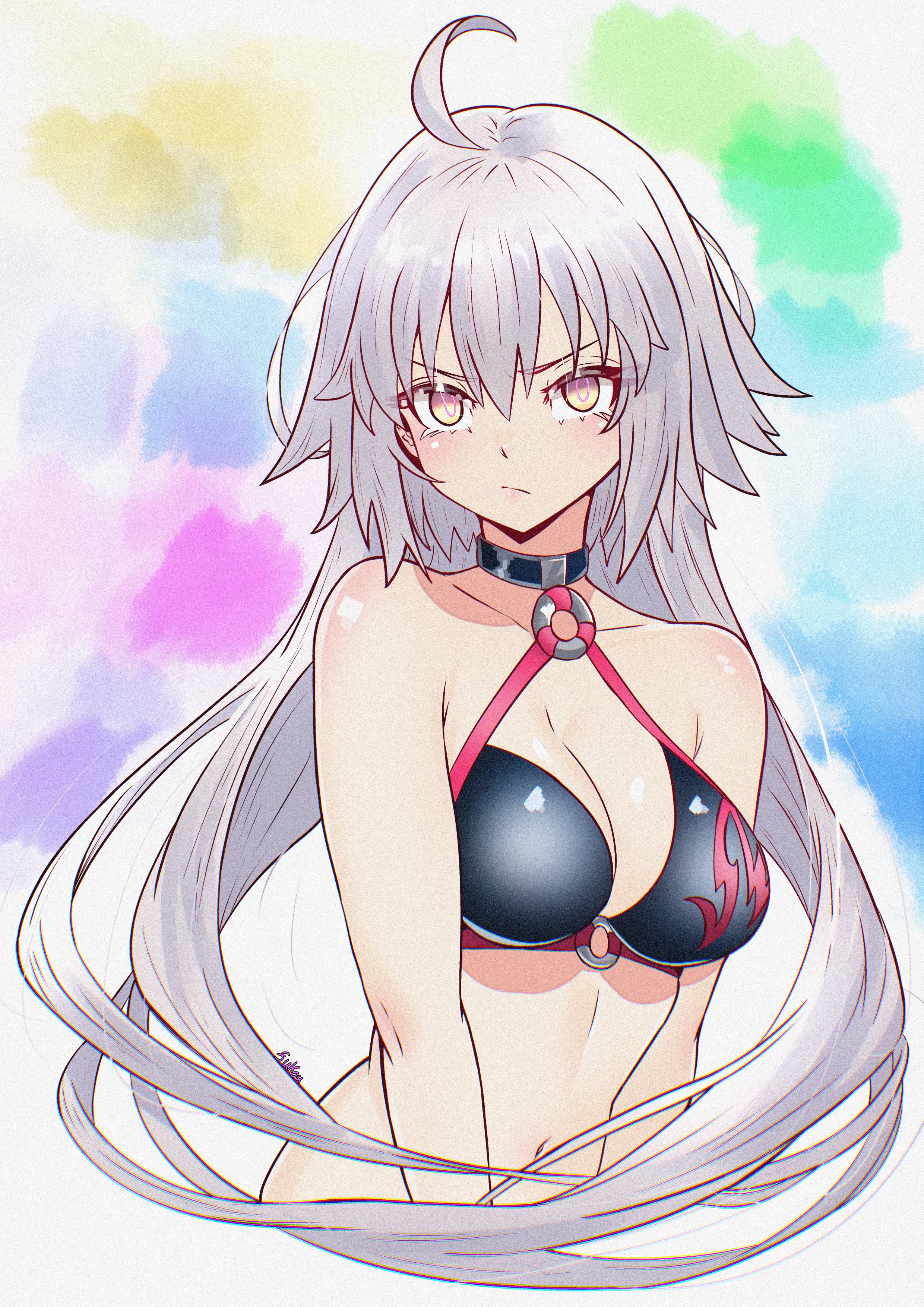 fukou, jeanne d'arc alter (fate), jeanne d'arc alter (swimsuit berserker) (fate), fate/grand order, fate (series), absurdres, highres, 1girl, ahoge, bare shoulders, bikini, black bikini, blush, breasts, choker, cleavage, collarbone, grey hair, large breasts, long hair, looking at viewer, navel, o-ring, o-ring bikini, solo, swimsuit, very long hair, yellow eyes