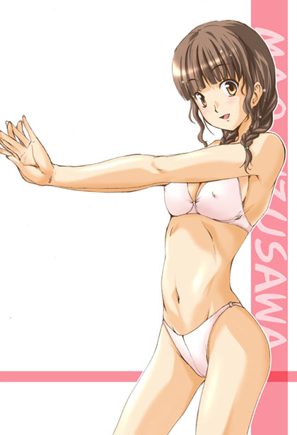 ayakaze ryuushou, mizusawa mao, kimi kiss, 1girl, bikini, braid, breasts, brown hair, covered erect nipples, cowboy shot, female focus, from side, looking at viewer, medium breasts, outstretched arms, solo, swimsuit, twin braids, white bikini, yellow eyes