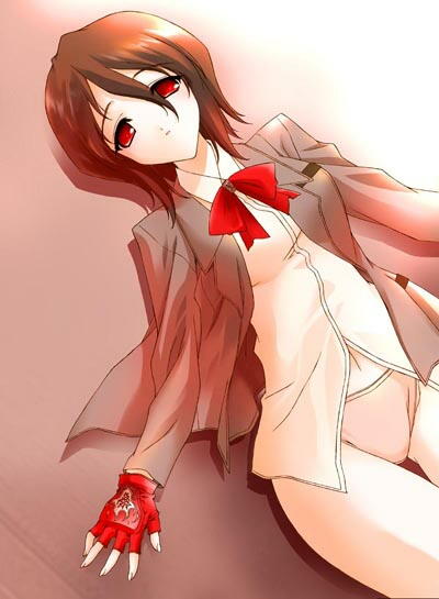 kuchiki rukia, bleach, 00s, 1girl, black hair, blazer, blouse, bottomless, bow, bowtie, female focus, fingerless gloves, gloves, hair between eyes, jacket, lying, no pants, on back, panties, pink panties, red eyes, red gloves, school uniform, shirt, short hair, single glove, solo, thigh gap, thighs, underwear