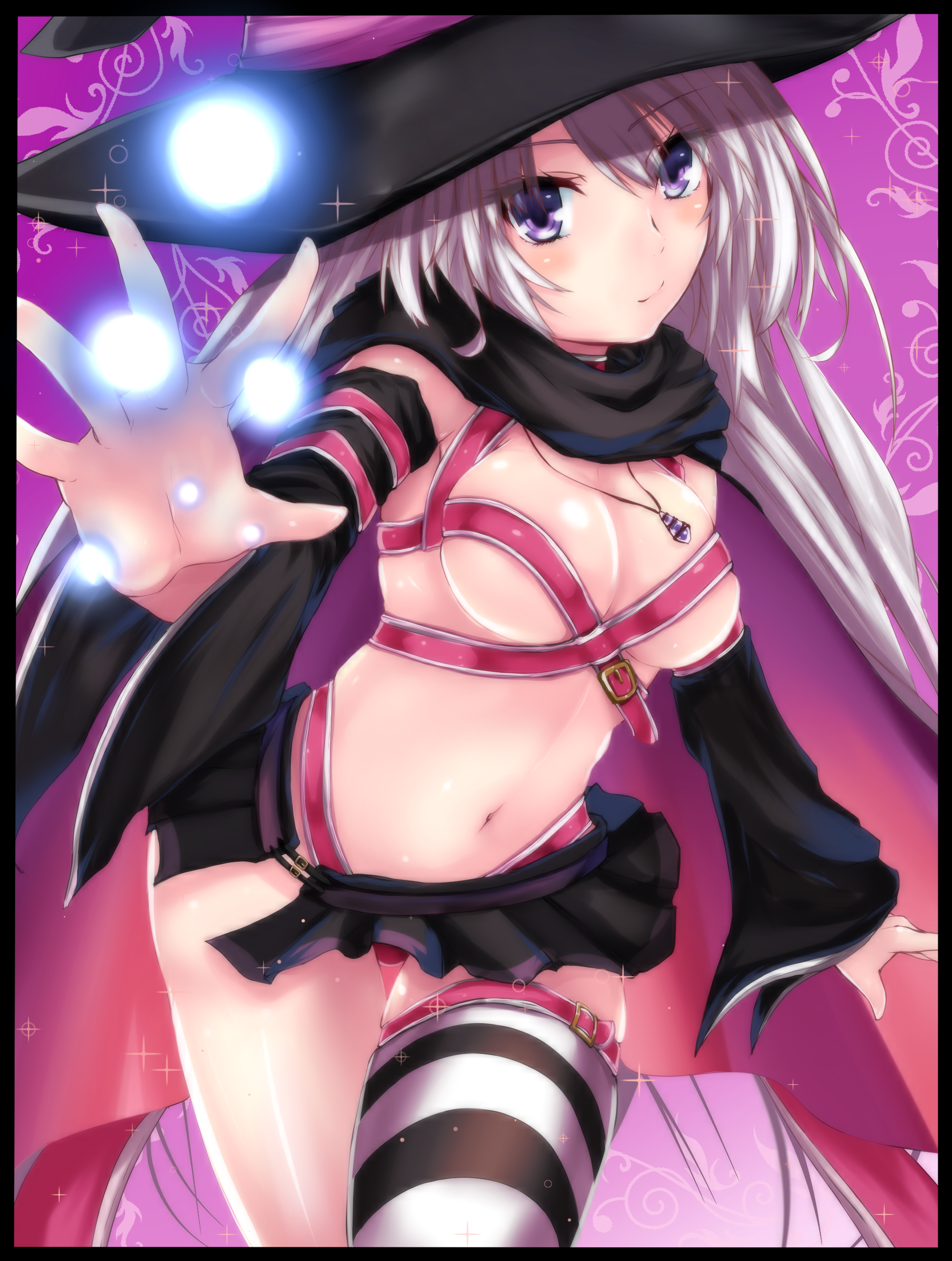shishin (shishintei), ayachi nene, sanoba witch, absurdres, commentary, highres, 1girl, bare shoulders, belt, belt bra, black border, black cape, black hat, black skirt, blush, border, breasts, cape, casting spell, cleavage, closed mouth, cowboy shot, detached sleeves, energy ball, eyelashes, eyes visible through hair, grey hair, hair between eyes, hand up, hat, jewelry, large breasts, long hair, long sleeves, looking at viewer, miniskirt, navel, necklace, outstretched hand, pink background, pink belt, pink cape, pleated skirt, purple eyes, sidelocks, simple background, skindentation, skirt, smile, solo, sparkle, speech bubble, stomach, thigh gap, thighs, two-sided cape, two-sided fabric, very long hair, wide sleeves, witch, witch hat