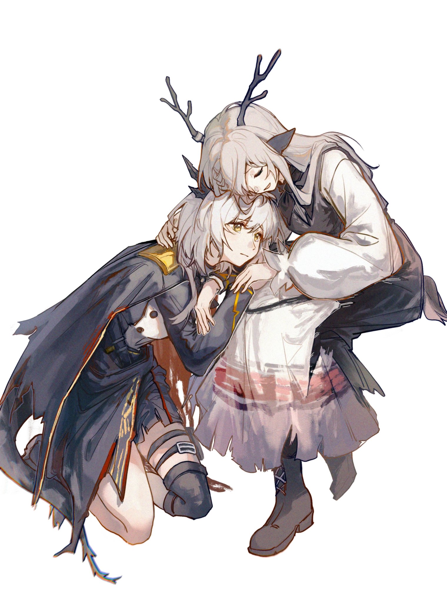 maplebyebye, alina (arknights), talulah (arknights), talulah the fighter (arknights), arknights, chinese commentary, commentary request, highres, 2girls, animal ears, antlers, black cape, black horns, black jacket, black skirt, black tail, black vest, boots, brown boots, brown tail, cape, chromatic aberration, closed eyes, closed mouth, dress, full body, grey hair, hair over one eye, hand on another's neck, heads together, horns, invisible chair, jacket, kneeling, leaning, leaning on person, long hair, long sleeves, multiple girls, one eye covered, short hair, short tail, simple background, single thighhigh, sitting, skirt, tail, thigh strap, thighhighs, vest, white background, white dress, yellow eyes