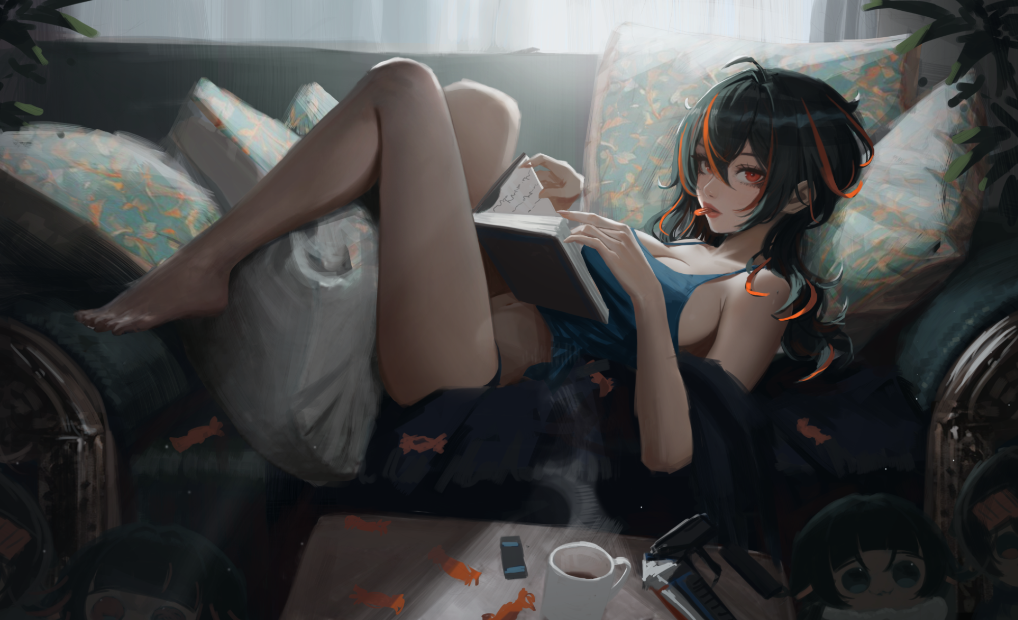 neo (neorarty3), jane doe (zenless zone zero), zhu yuan, zenless zone zero, highres, 1girl, black hair, blue camisole, book, breasts, camisole, candy, character doll, couch, cup, doll, food, food in mouth, hair down, indoors, knees up, large breasts, light particles, mug, on couch, open book, red eyes, red hair, red lips, sitting, sitting sideways, solo, sunlight, thighs