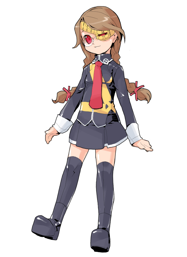 najimi shin, cyclops (x-men), marvel, x-men, uniform, 1girl, animification, boots, braid, brown hair, cyclops, female focus, genderswap, genderswap (mtf), glasses, long sleeves, miniskirt, necktie, one-eyed, one eye closed, red eyes, ribbon, skirt, solo, thigh boots, thighhighs, twin braids, wink, zettai ryouiki