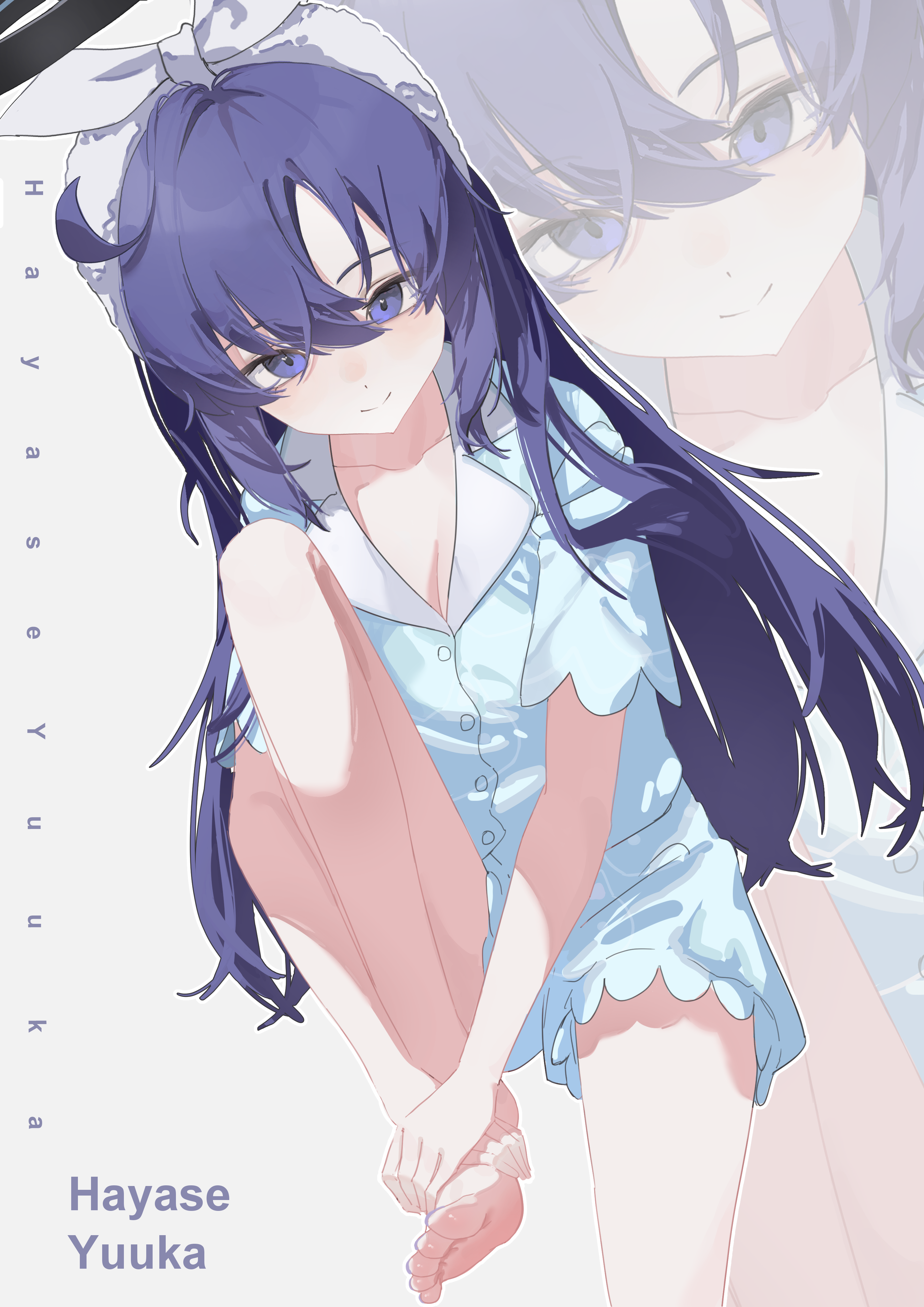 macha bafei, yuuka (blue archive), yuuka (pajamas) (blue archive), blue archive, absurdres, highres, 1girl, barefoot, blue eyes, blue hair, feet, long hair, looking at viewer, pajamas, smile, soles, toes