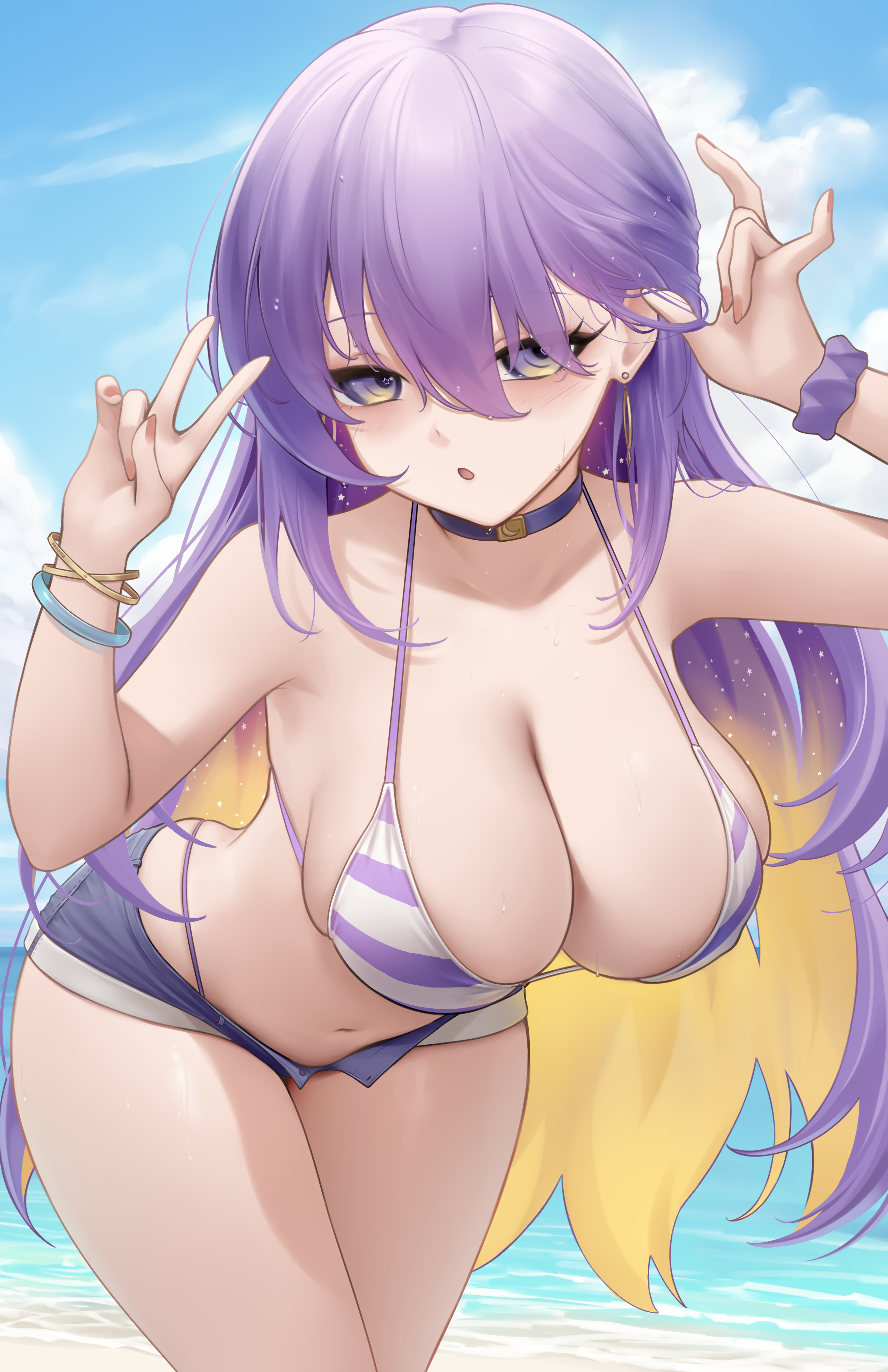 somebody (leiking00), moona hoshinova, hololive, hololive indonesia, holonatsu paradise, absurdres, commentary, english commentary, highres, variant set, 1girl, adapted costume, beach, bent over, bikini, bracelet, breasts, choker, day, fang, hololive summer 2023 swimsuit, jewelry, large breasts, long hair, looking at viewer, micro shorts, navel, open fly, open mouth, purple bikini, purple eyes, purple hair, shorts, solo, striped bikini, striped clothes, swimsuit, water