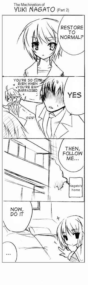 koizumi itsuki, kyon, nagato yuki, suzumiya haruhi no yuuutsu, hard-translated, long image, tall image, third-party edit, translated, 00s, 1girl, 2boys, comic, greyscale, monochrome, multiple boys, school uniform, serafuku, sparkle