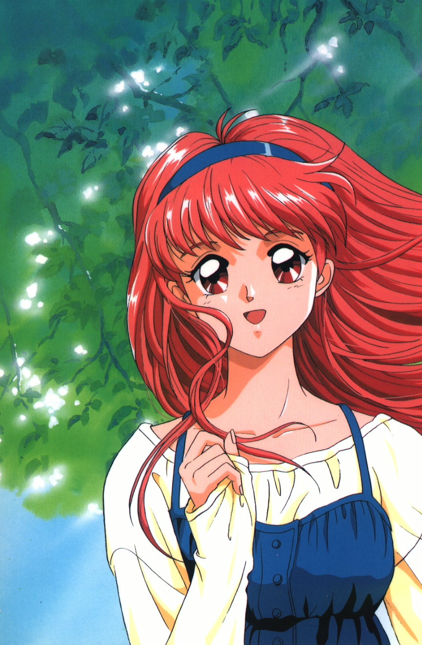 kokura masashi, fujisaki shiori, konami, tokimeki memorial, tokimeki memorial 1, cropped, highres, official art, scan, 1990s (style), 1girl, :d, blush, casual, collarbone, female focus, fingernails, hairband, happy, headband, long hair, long sleeves, looking at viewer, open mouth, red eyes, red hair, retro artstyle, smile, solo, tree, upper body, wind