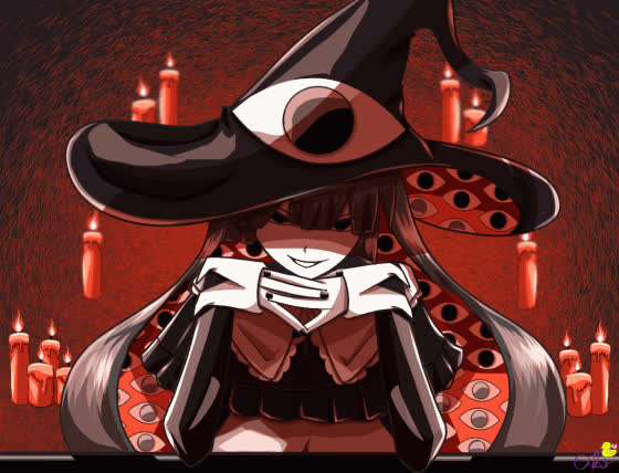 funamusea, animated, tagme, video, ahinevaeh, be my guest (vocaloid), black capelet, black eyes, black hair, black hat, black nails, candle, capelet, colored skin, extra eyes, glowing, glowing eyes, hat, multicolored hair, own hands together, red eyes, red hair, sagan (funamusea), shaded face, signature, solo, table, teeth, two-tone hair, two-tone hat, upper body, white skin, witch hat