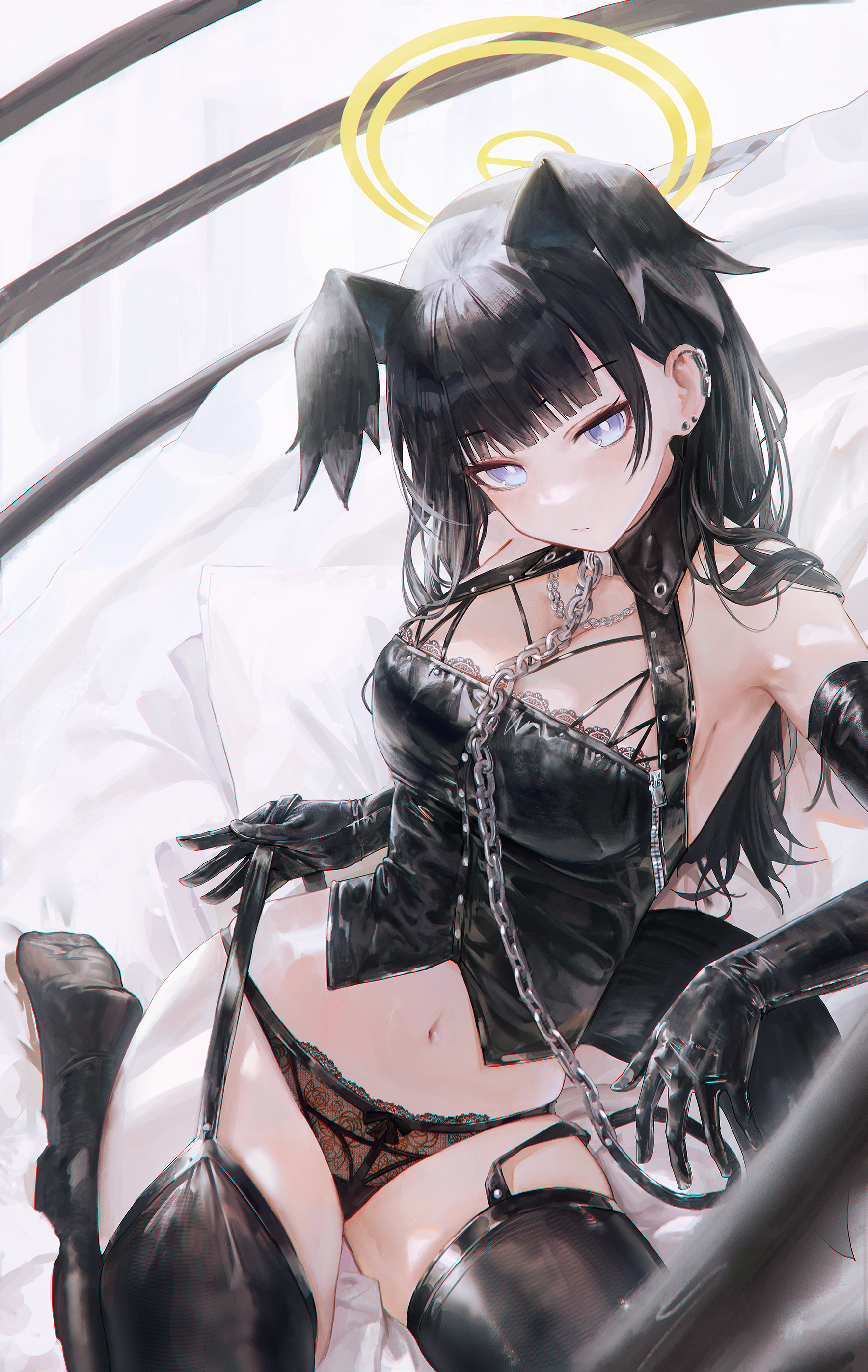 flippy (cripine111), hibiki (blue archive), blue archive, absurdres, highres, 1girl, alternate costume, alternate hairstyle, animal ears, black gloves, black thighhighs, blunt bangs, breasts, bright pupils, closed mouth, dog ears, dog girl, elbow gloves, expressionless, gloves, hair down, halo, leather, leather gloves, looking at viewer, navel, pillow, solo, stomach, thighhighs, white pupils