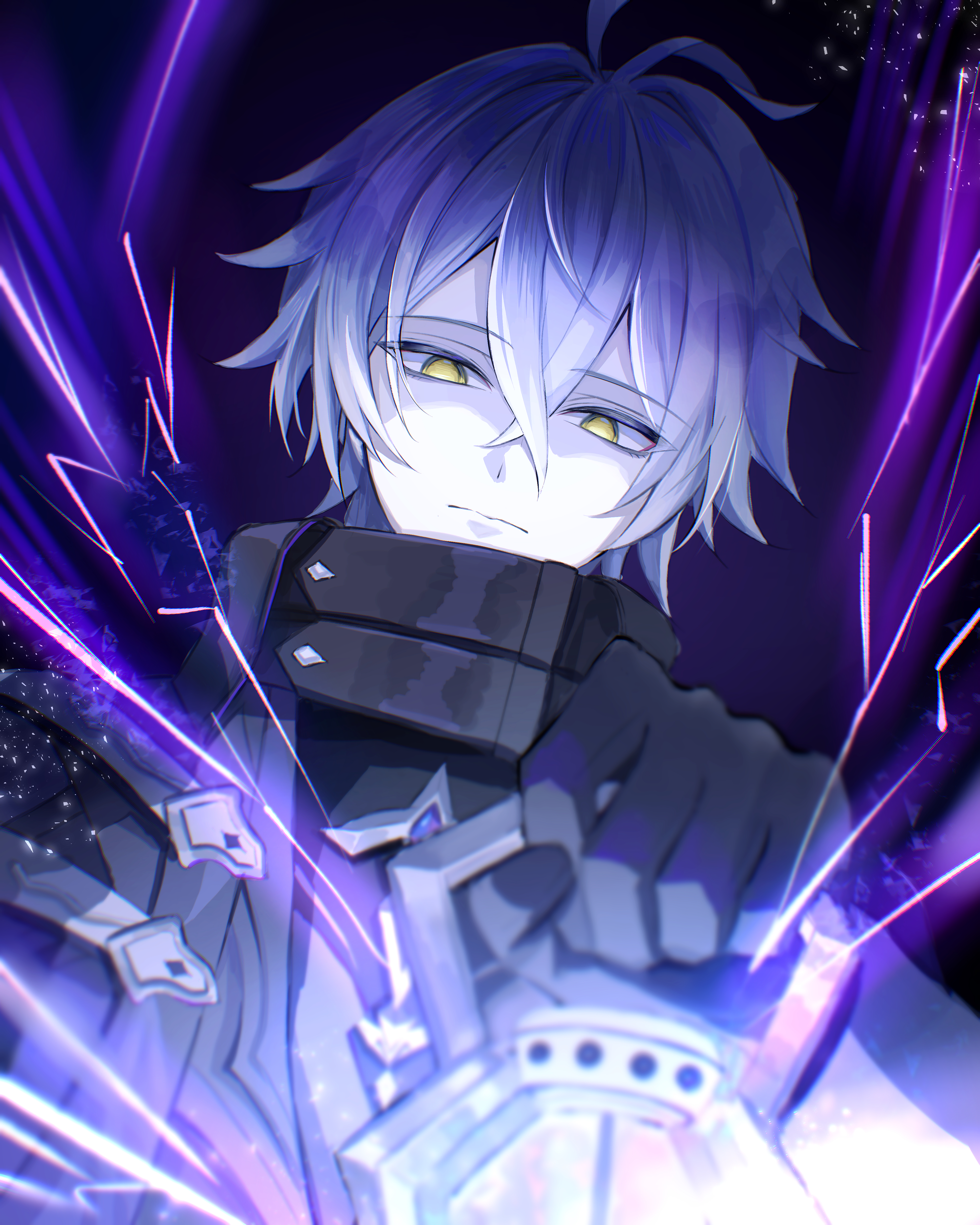 flins (genshin impact), genshin impact, absurdres, commentary request, highres, 1boy, ahoge, antenna hair, arm up, black coat, black gloves, blue hair, blurry, closed mouth, coat, collared coat, curly hair, depth of field, electricity, expressionless, gloves, gradient hair, hair between eyes, hair intakes, high collar, huge ahoge, leaning to the side, light particles, long hair, long sleeves, looking at viewer, multicolored hair, no pupils, powering up, purple background, shade, solo, standing, upper body, user gphc5834, yellow eyes