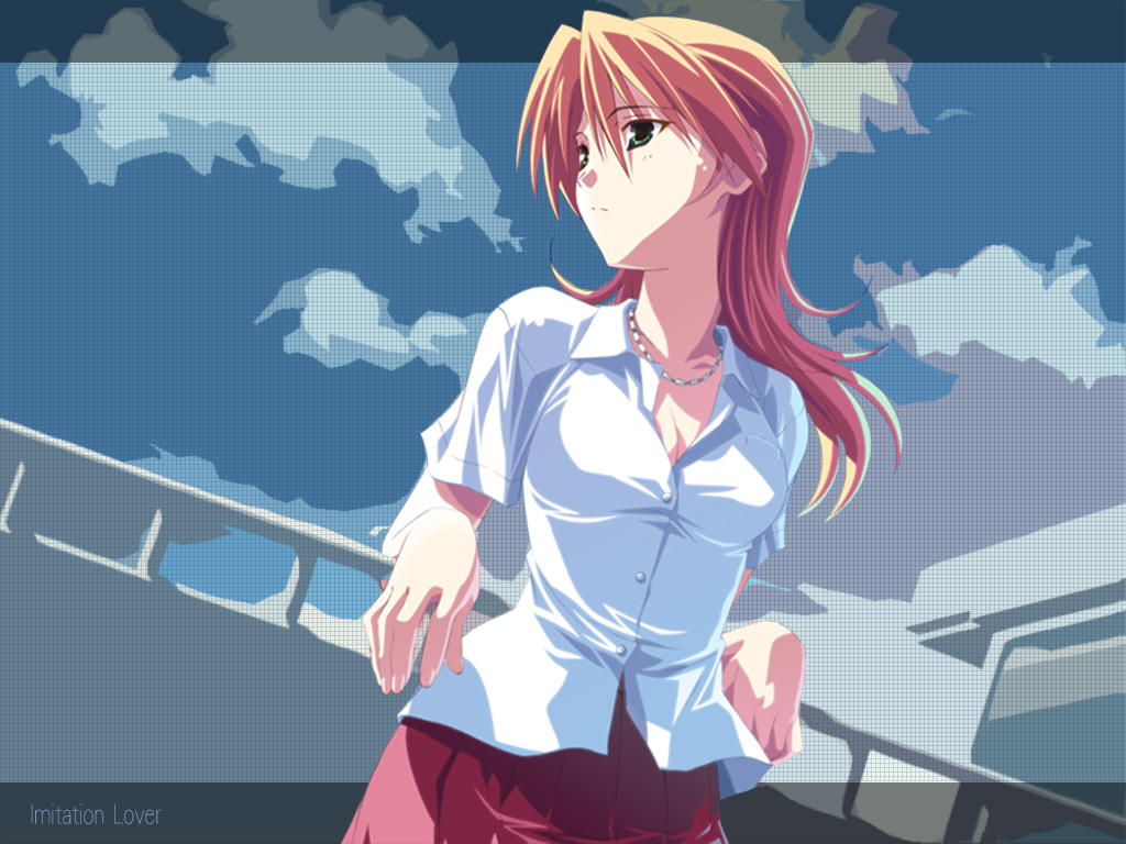 izumi mahiru, ichinose kyou, imitation lover, 1girl, blonde hair, breasts, casual, cleavage, cloud, day, female focus, green eyes, jewelry, long hair, medium breasts, necklace, red hair, school uniform, serafuku, skirt, sky, solo