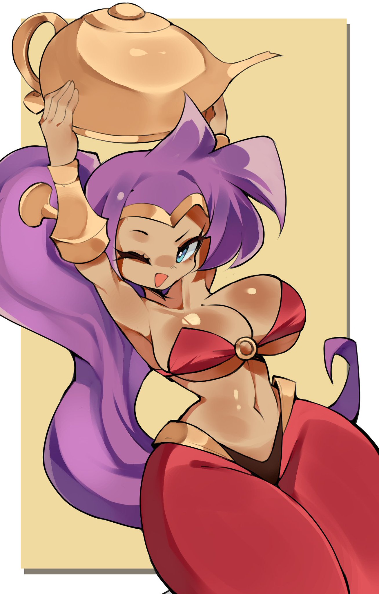 hoshoidk, shantae, shantae (series), 1girl, armpits, blue eyes, bra, bracelet, breasts, dark-skinned female, dark skin, holding, jewelry, lamp, large breasts, long hair, one eye closed, pants, ponytail, purple hair, underwear, very long hair, wide hips