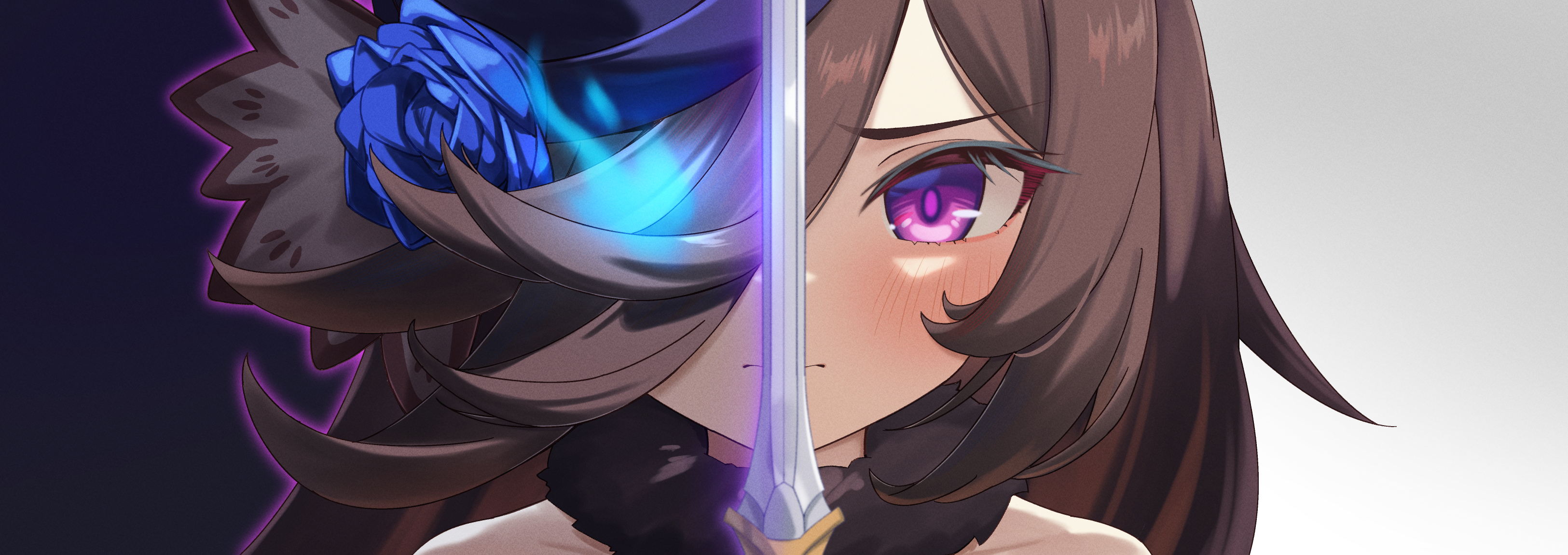 chahanramen, rice shower (umamusume), umamusume, absurdres, commentary, highres, revision, 1girl, blue flower, blush, brown hair, close-up, closed mouth, dagger, eye trail, flipped hair, flower, hair over one eye, hat, hat flower, holding, holding dagger, holding knife, holding weapon, horse girl, knife, light trail, looking at viewer, purple eyes, simple background, solo, tilted headwear, weapon