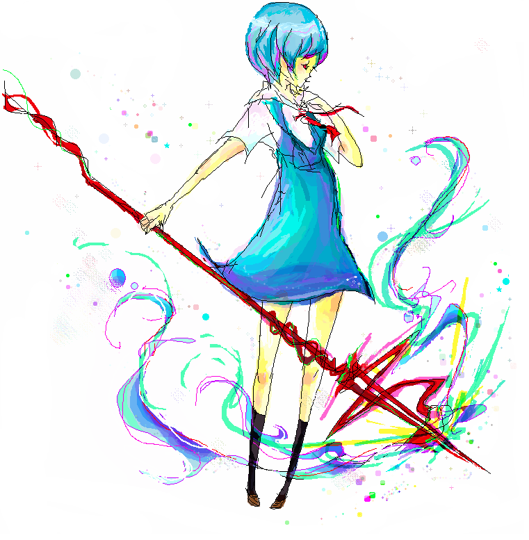 ayanami rei, neon genesis evangelion, 1girl, female focus, full body, lance, lance of longinus (evangelion), oekaki, polearm, school uniform, serafuku, solo, spear, standing, weapon, white background