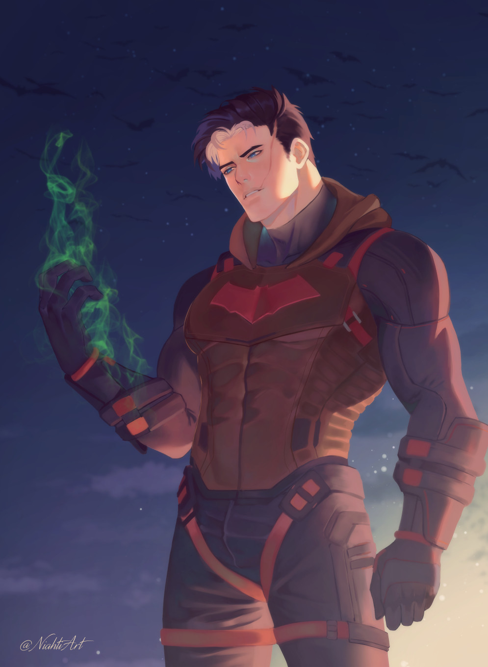 niahti, jason todd, red hood (dc), batman (series), dc comics, highres, 1boy, bat signal, batman symbol, black bodysuit, black gloves, black hair, blue eyes, bodysuit, gloves, gotham knights, grey bodysuit, hood, hooded vest, hoodie, male focus, multicolored hair, muscular, muscular male, scar, short hair, superhero costume, taut bodysuit, two-tone bodysuit, two-tone hair, vest, white hair