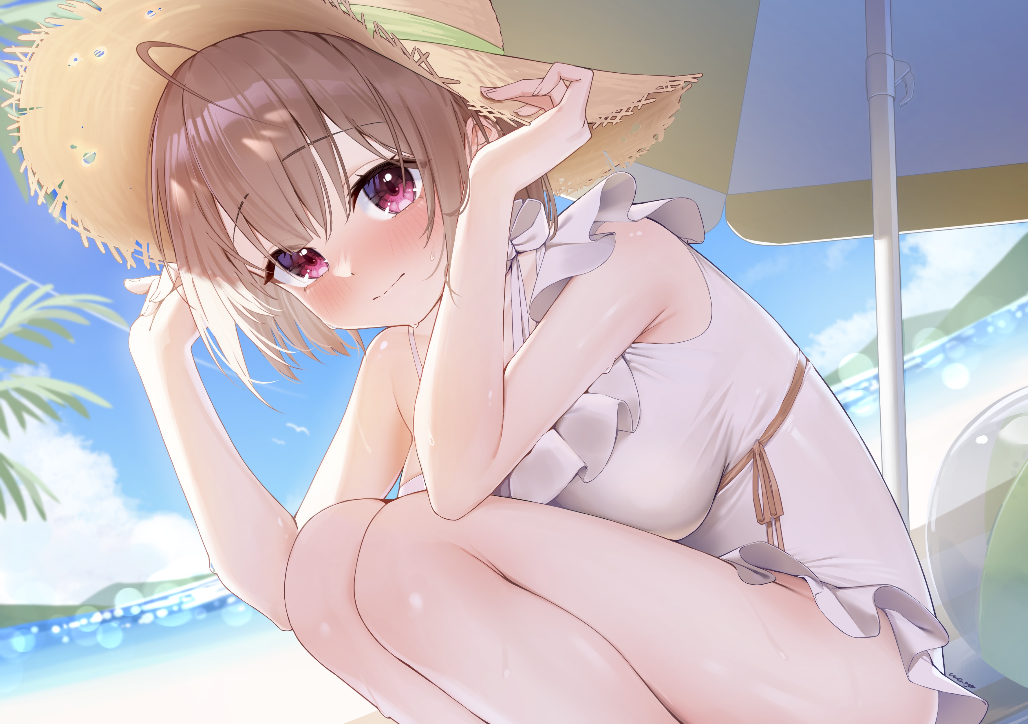 ai (u e o o), harusaki nodoka, harusaki nodoka (holonatsu paradise), hololive, holonatsu paradise, absurdres, commentary request, highres, 1girl, ahoge, ball, beach, beach umbrella, beachball, blue sky, blush, breasts, brown hair, casual one-piece swimsuit, closed mouth, cloud, day, frilled one-piece swimsuit, frills, hands up, hat, knees to chest, large breasts, looking at viewer, official alternate costume, one-piece swimsuit, outdoors, red eyes, short hair, sitting, sky, solo, straw hat, sun hat, swimsuit, umbrella, white one-piece swimsuit