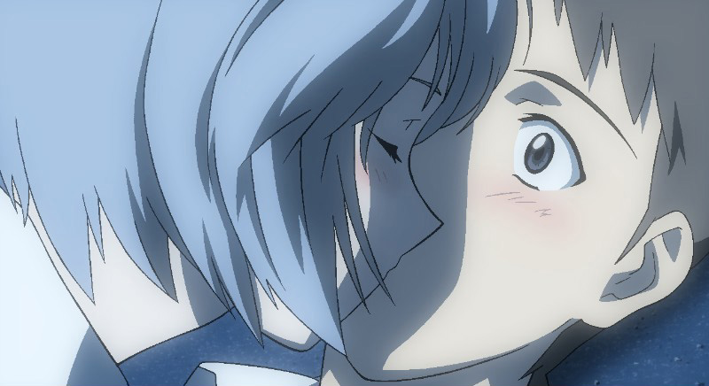 ayanami rei, ikari shinji, girlfriend of steel, neon genesis evangelion, neon genesis evangelion: iron maiden, game cg, 1boy, 1girl, black hair, blue hair, blush, brown hair, close-up, closed eyes, from side, hetero, kiss, looking at another, portrait, profile, short hair, surprised, wide-eyed