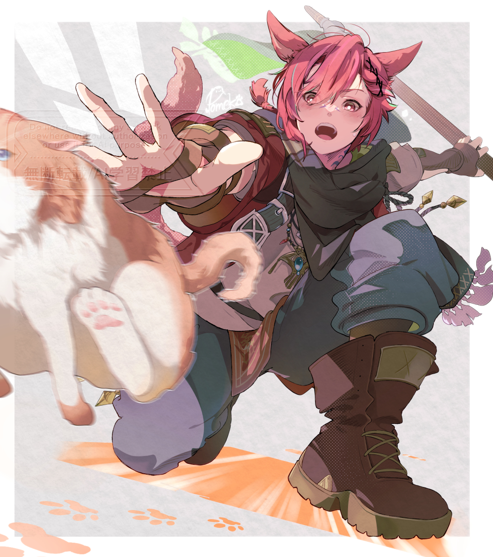 pomeko, g'raha tia, final fantasy, final fantasy xiv, 1boy, animal ears, artist name, baggy pants, black neckerchief, blue pants, blush, boots, braid, brown boots, cat, cat boy, cat ears, facial mark, hair between eyes, hair ornament, male focus, miqo'te, neckerchief, on one knee, open mouth, outstretched hand, pants, paw print, red eyes, red hair, short hair with long locks, single braid, solo, x hair ornament