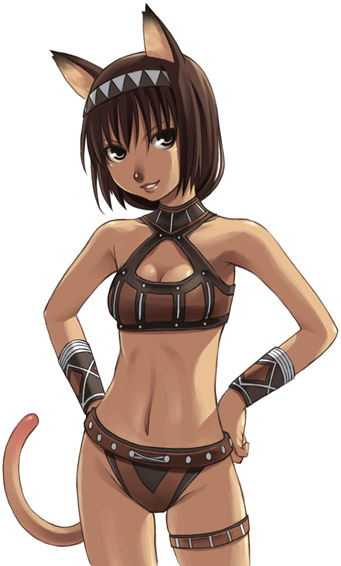 mithra (ff11), final fantasy, final fantasy xi, 00s, 1girl, animal ears, bikini, bracer, brown eyes, brown hair, cat ears, cat girl, cat tail, female focus, hairband, hands on own hips, solo, swimsuit, tail, thigh strap, wrist guards