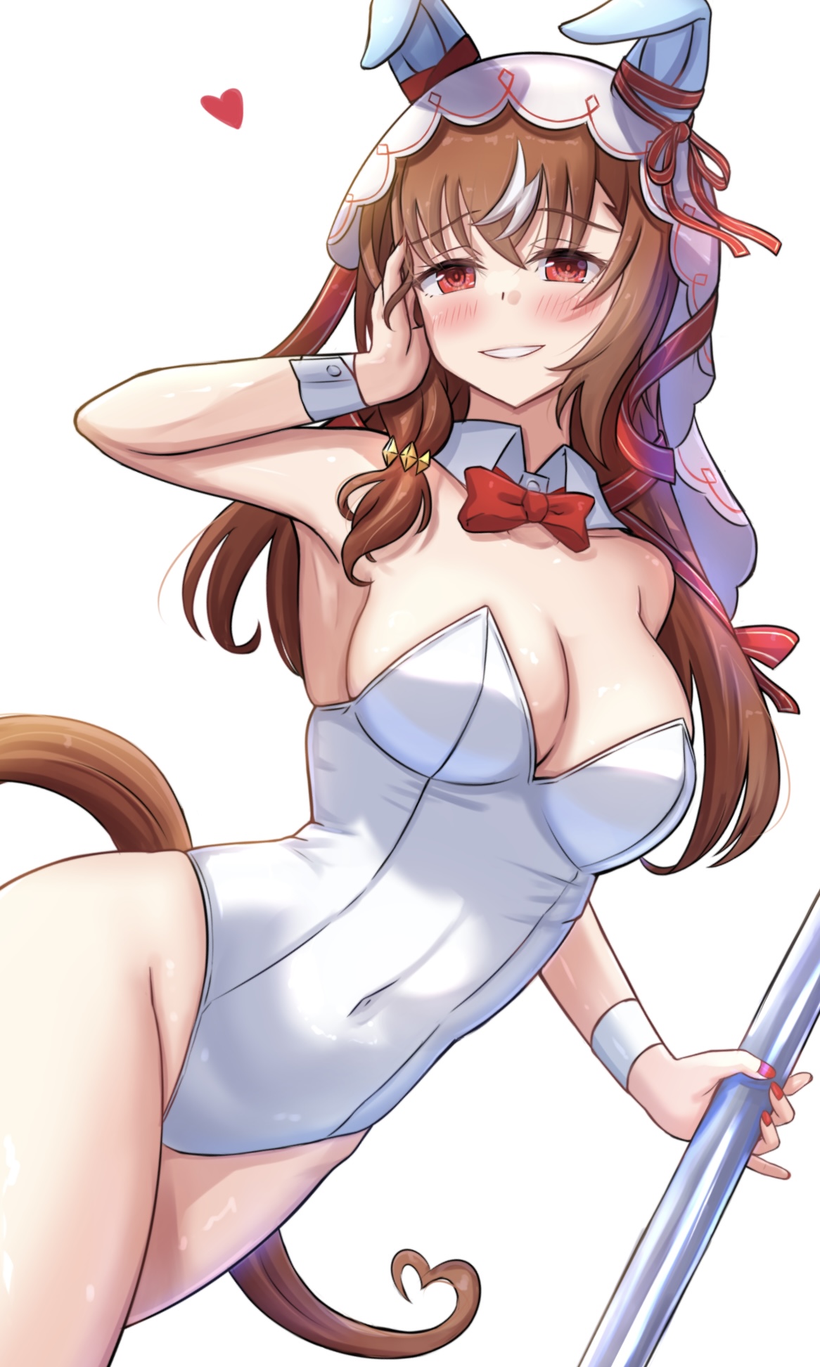 rio (lio yuzu), still in love (umamusume), umamusume, highres, 1girl, animal ear hairband, animal ears, bare legs, bow, bowtie, breasts, brown hair, cleavage, collarbone, covered navel, detached collar, dutch angle, ear covers, fake animal ears, hairband, hand on own face, holding, holding pole, horse ears, horse girl, horse tail, large breasts, leotard, long hair, looking at viewer, playboy bunny, pole, rabbit ears, red eyes, simple background, solo, strapless, strapless leotard, stripper pole, tail, veil, white background, white leotard, wrist cuffs