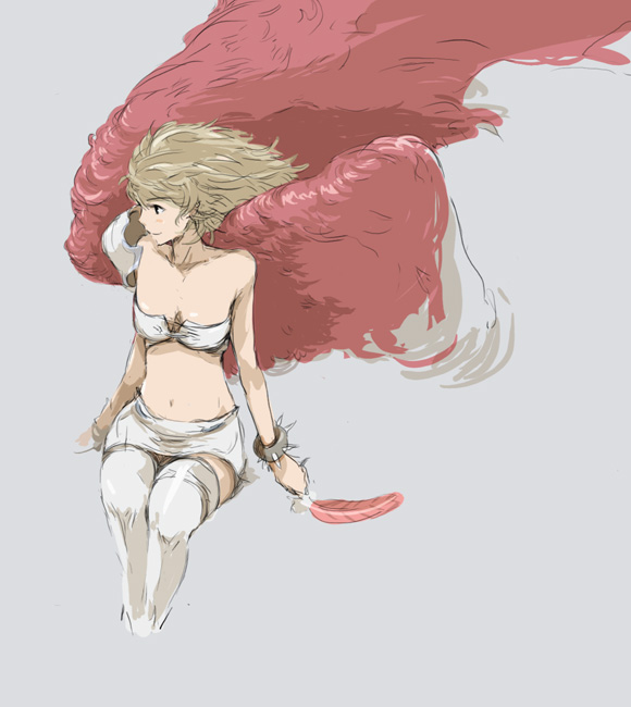 angel, bare shoulders, bracelet, feathers, jewelry, midriff, miniskirt, no feet, red wings, simple background, sitting, skirt, solo, spikes, thighhighs, wings, zettai ryouiki