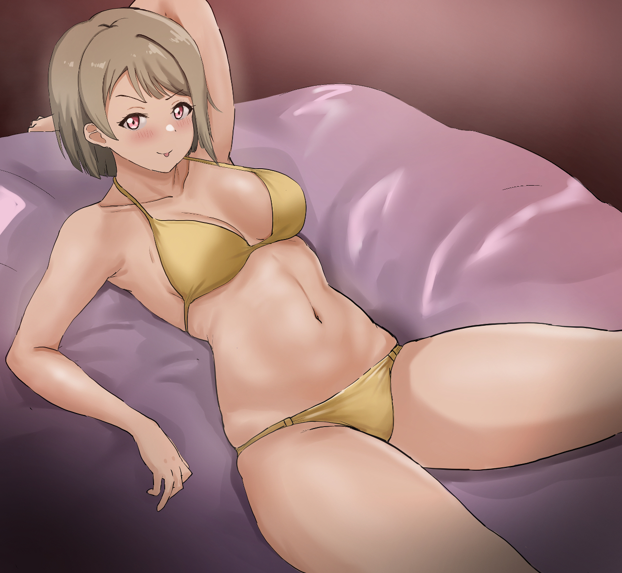 kiru (bsesso), nakasu kasumi, love live!, love live! nijigasaki high school idol club, commentary request, 1girl, bed, bikini, bob cut, breasts, brown hair, cleavage, looking at viewer, medium breasts, red eyes, short hair, solo, swimsuit, yellow bikini